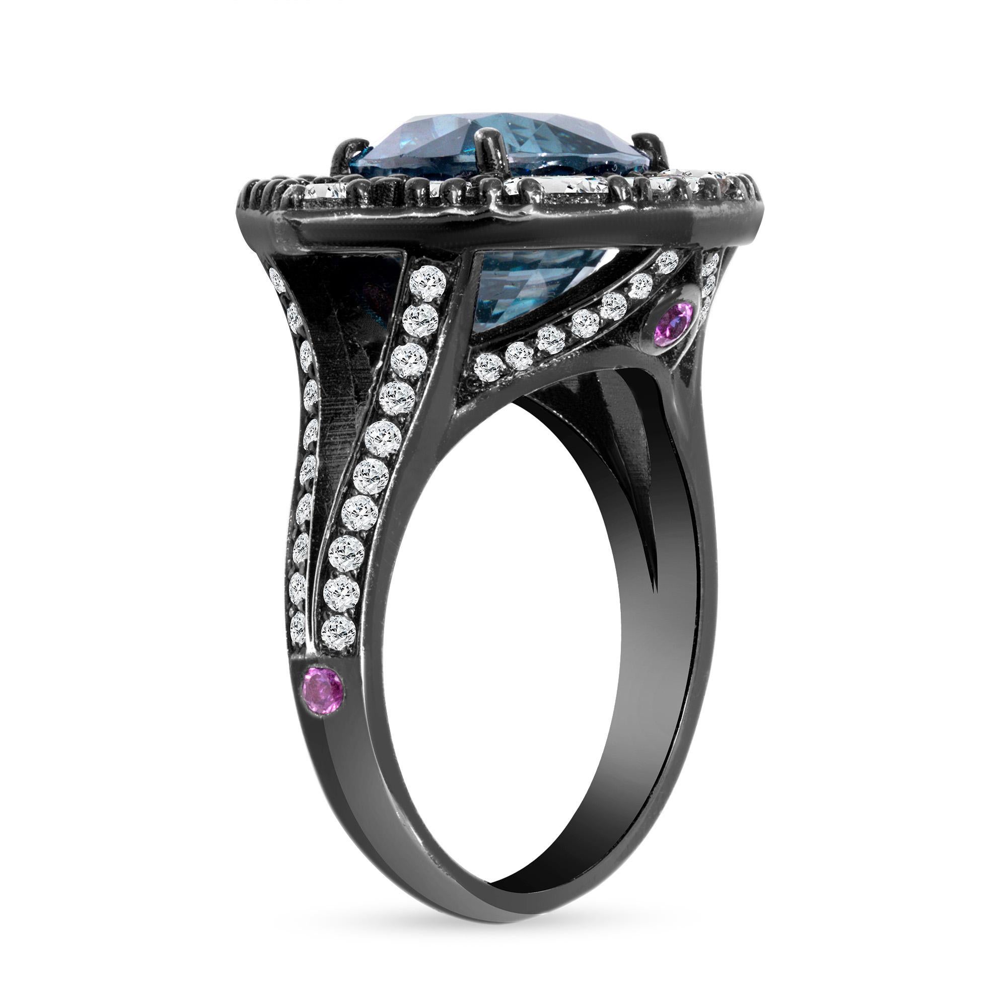Art Deco 7.58 Carat Zircon Diamond Pink Sapphire 18k Gold Black Rhodium Cluster Ring For Sale