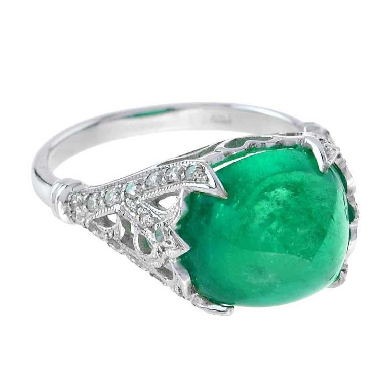 Sugarloaf Cabochon Certified 7.58 Ct. Sugarloaf Colombian Emerald Cocktail Ring in 18K White Gold