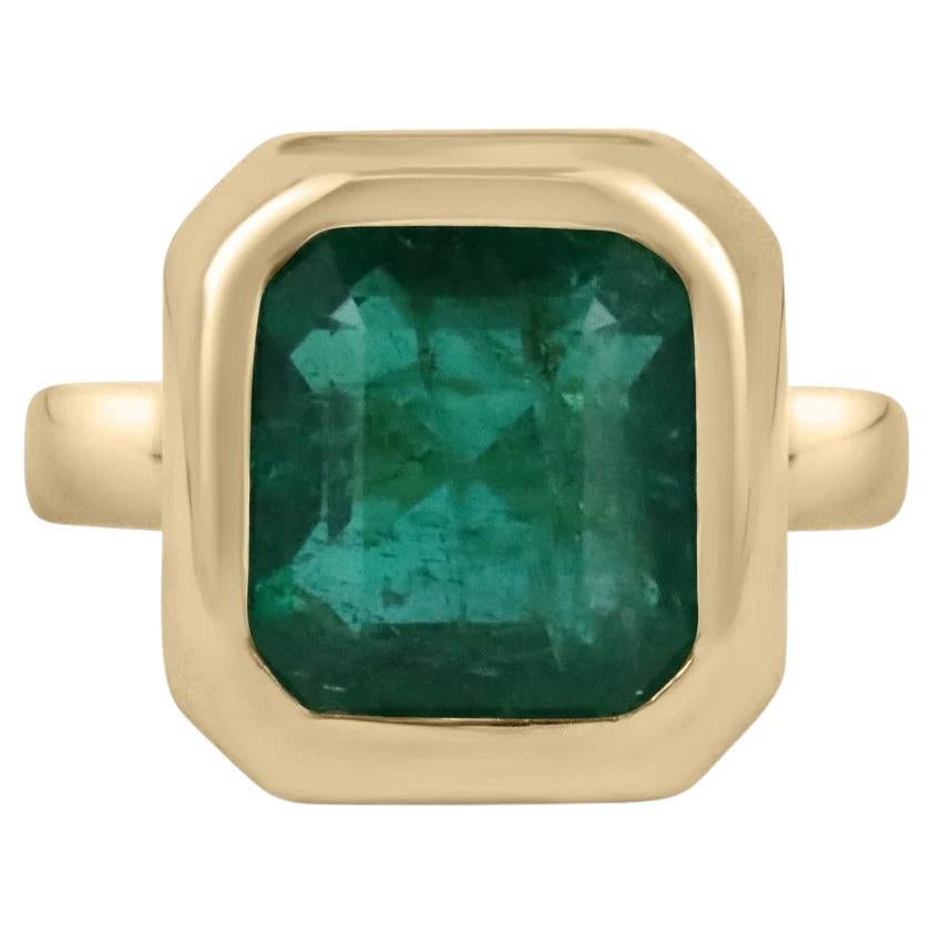 7.58ct 18K Natural Large Emerald-Asscher Cut Solitaire Bezel Set Gold Ring For Sale