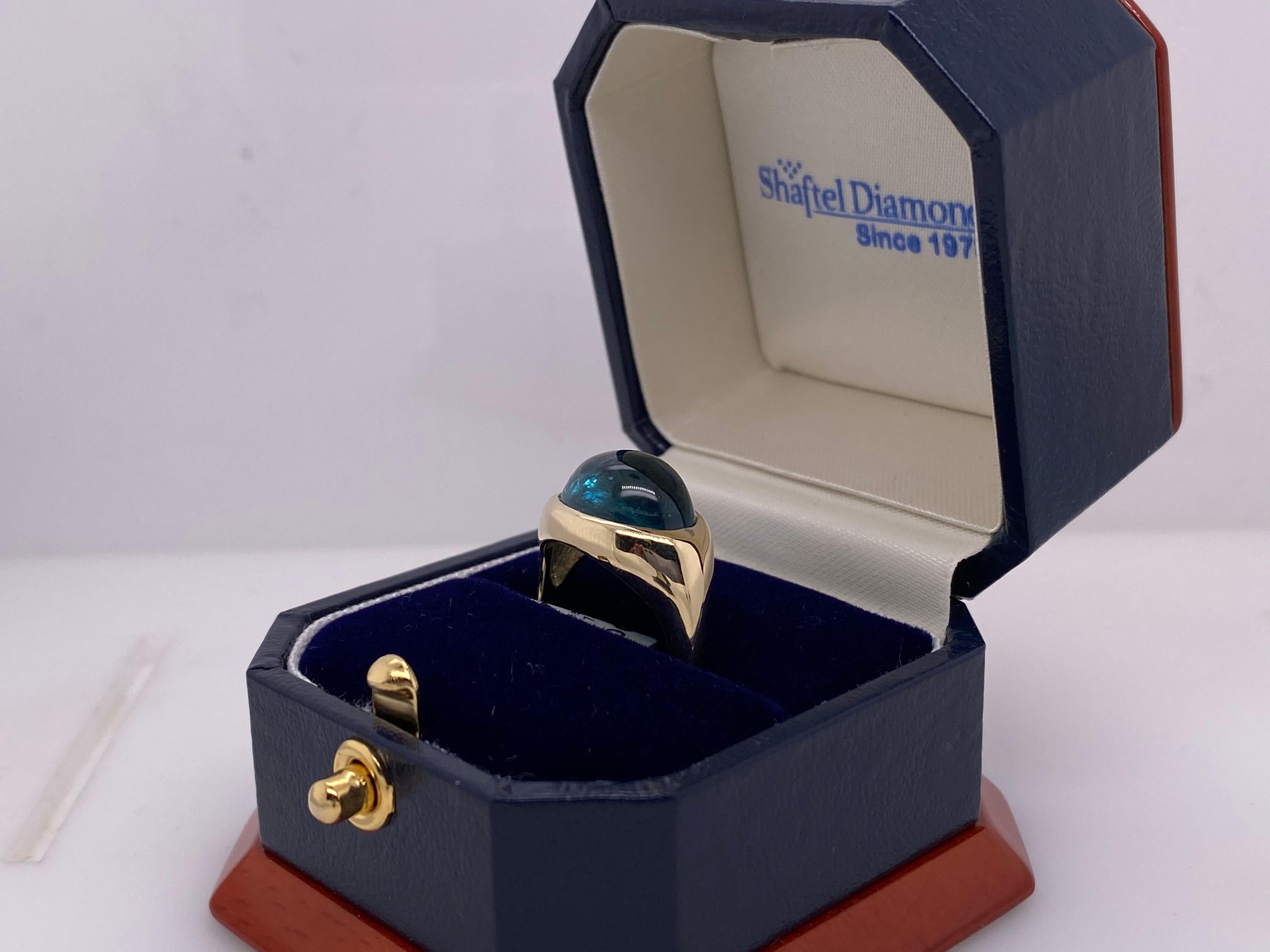 7.58 Carat Cabochon Teal Tourmaline in 14 Karat Yellow Gold Ring In New Condition For Sale In Houston, TX