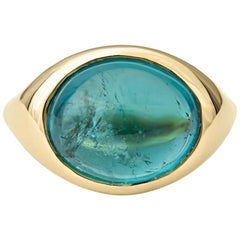 7,58 Karat Teal Turmalin im Cabochon-Schliff in 14 Karat Gelbgold Ring