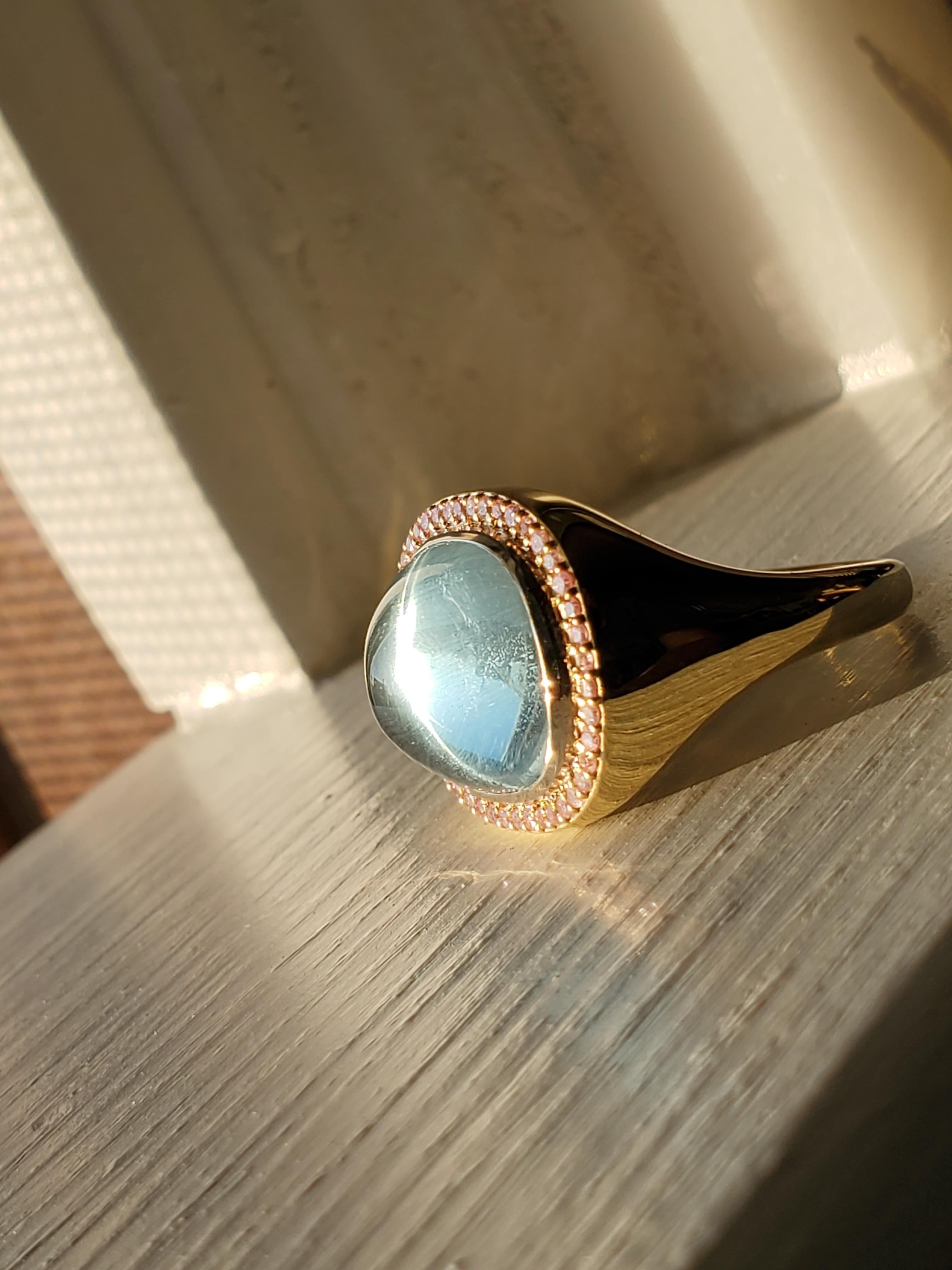 18 Karat Aquamarine Sugarloaf & Pink Diamond Monaco ring in vendita 4