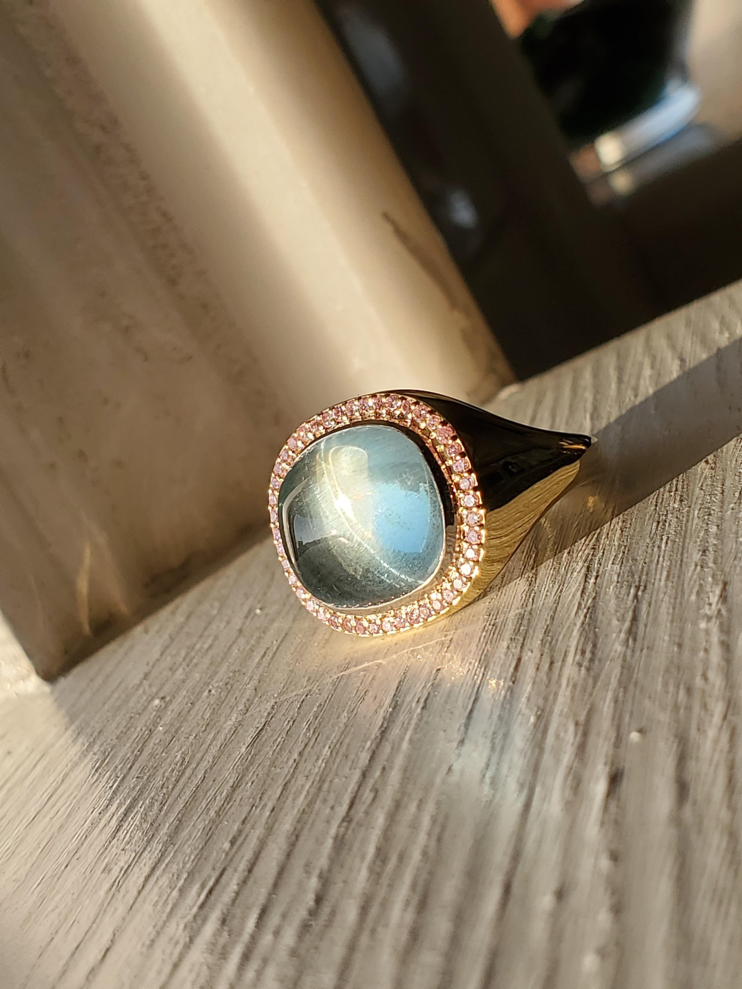 18 Karat Aquamarine Sugarloaf & Pink Diamond Monaco ring in vendita 5