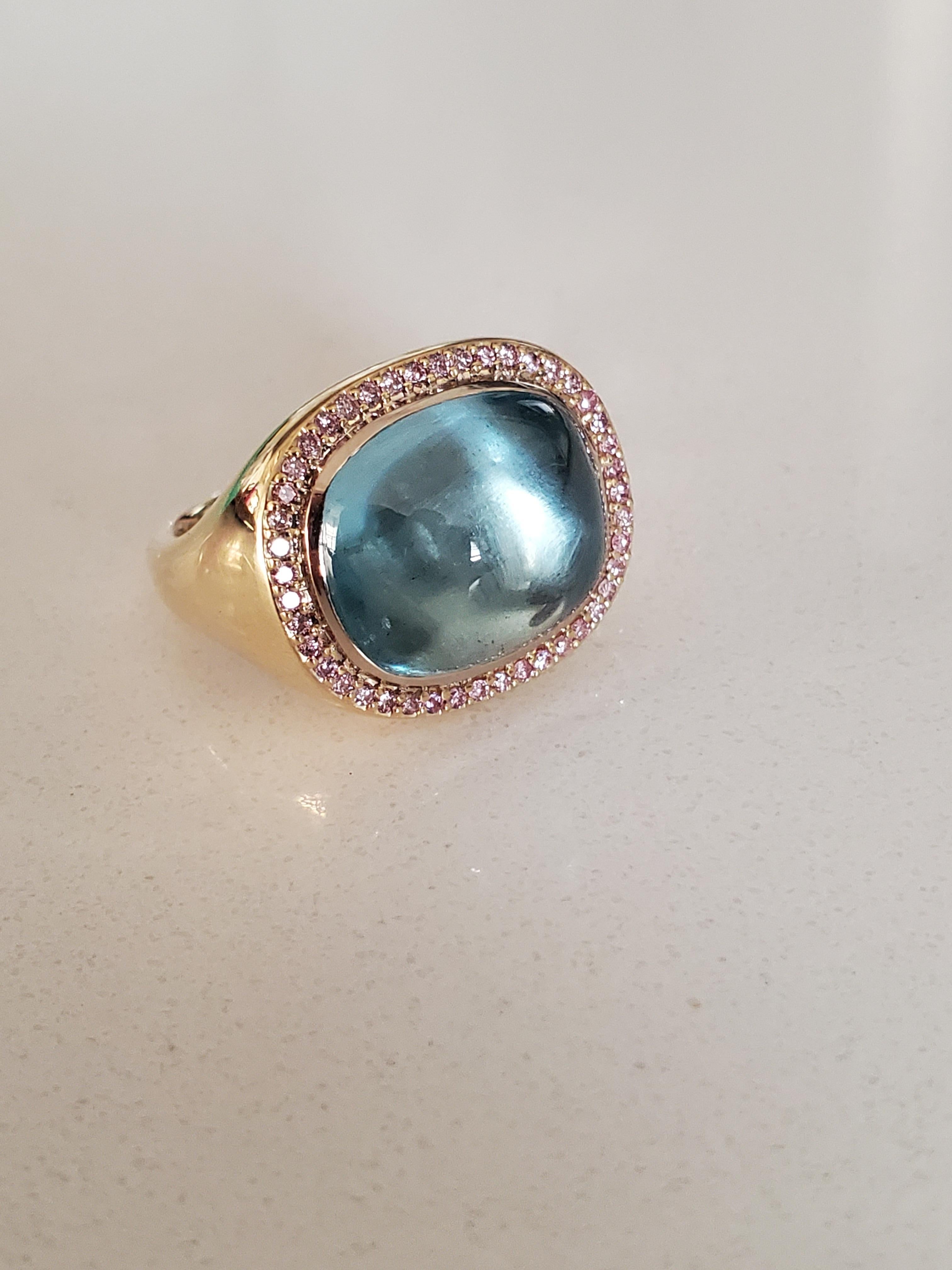 18 Karat Aquamarine Sugarloaf & Pink Diamond Monaco ring in vendita 1