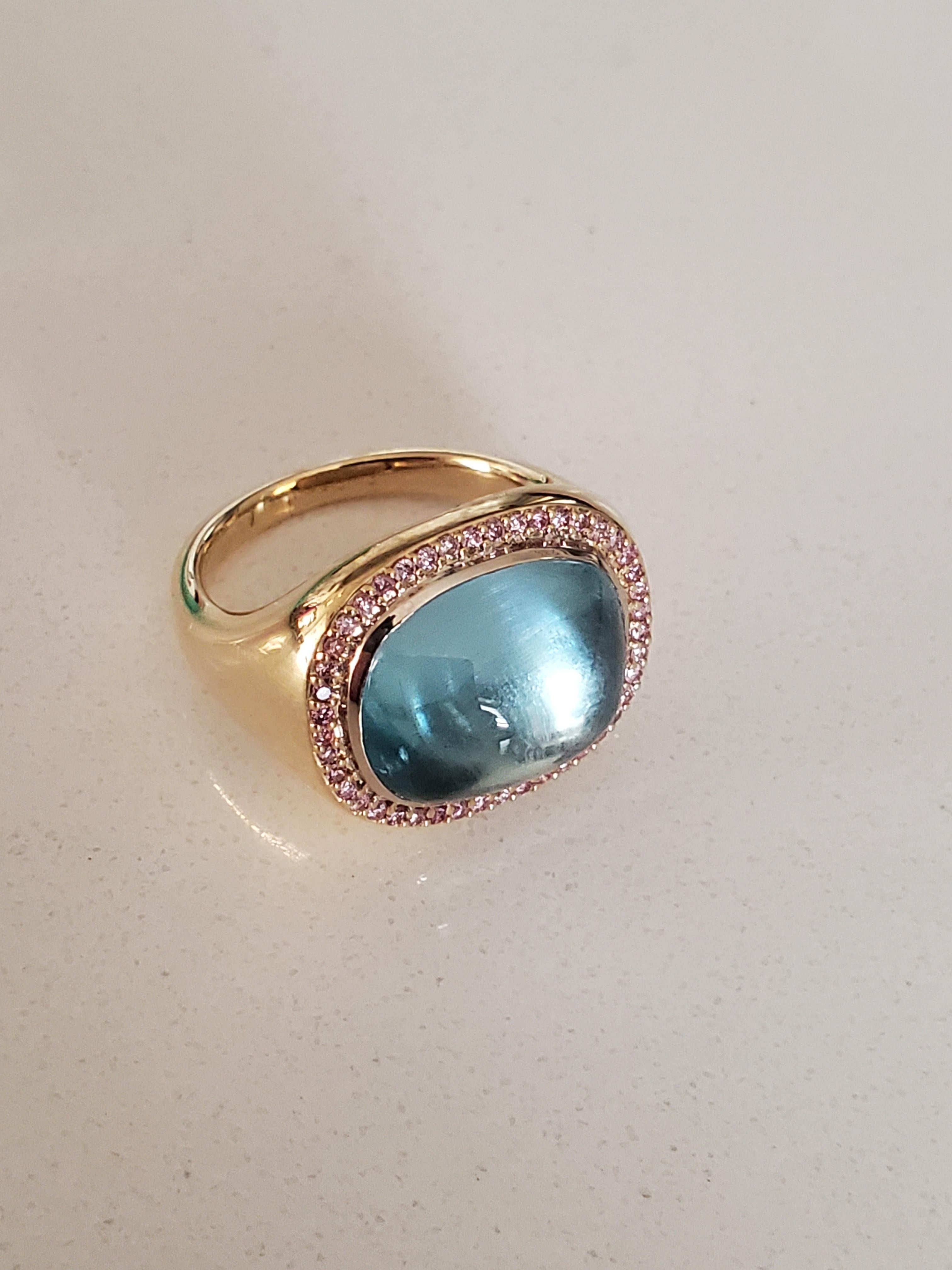 18 Karat Aquamarine Sugarloaf & Pink Diamond Monaco ring in vendita 2