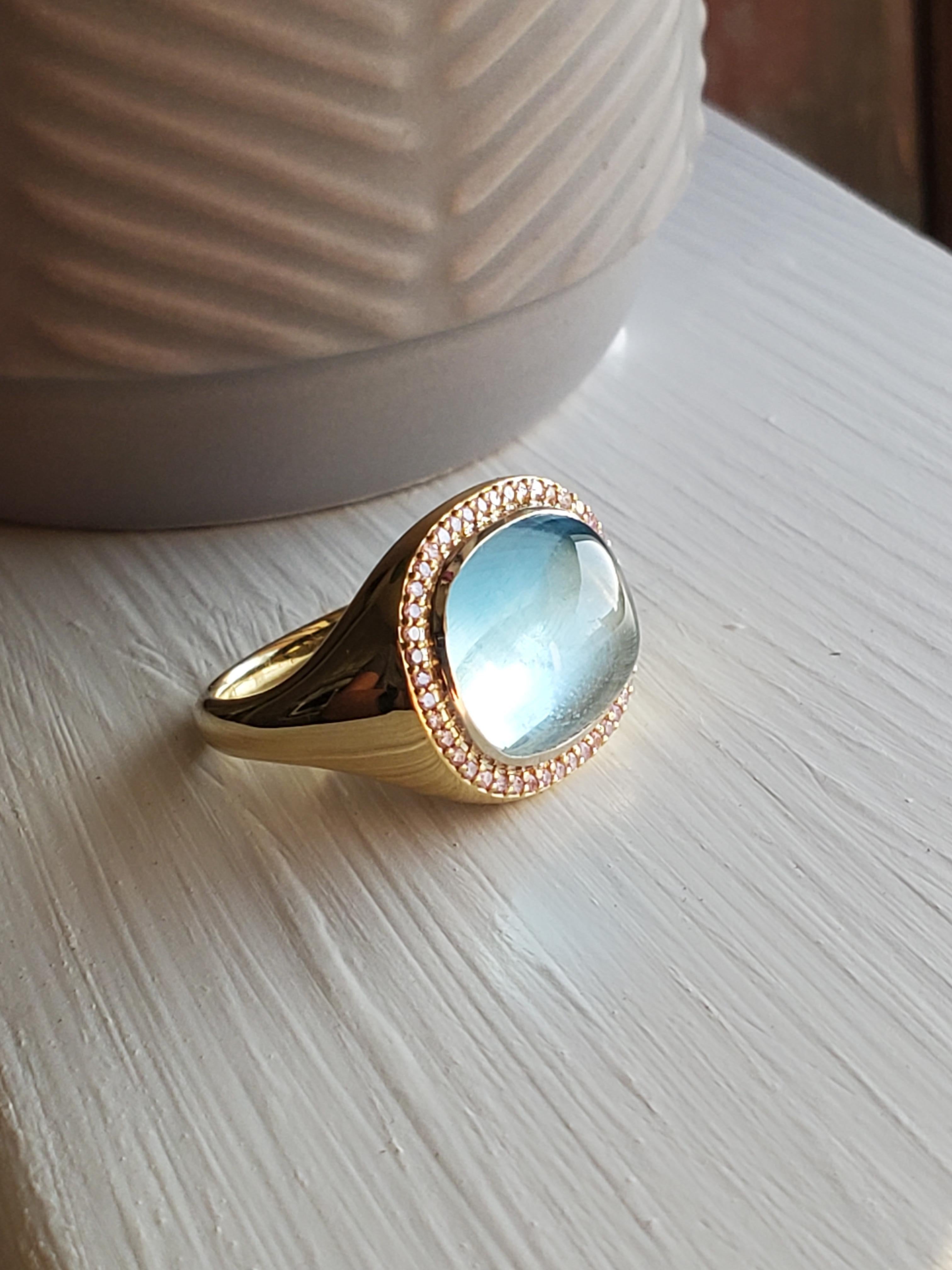 18 Karat Aquamarine Sugarloaf & Pink Diamond Monaco ring in vendita 3