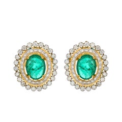 7.59 Carat Emerald Cabochon and Diamond 18kt Yellow Gold Stud Earrings