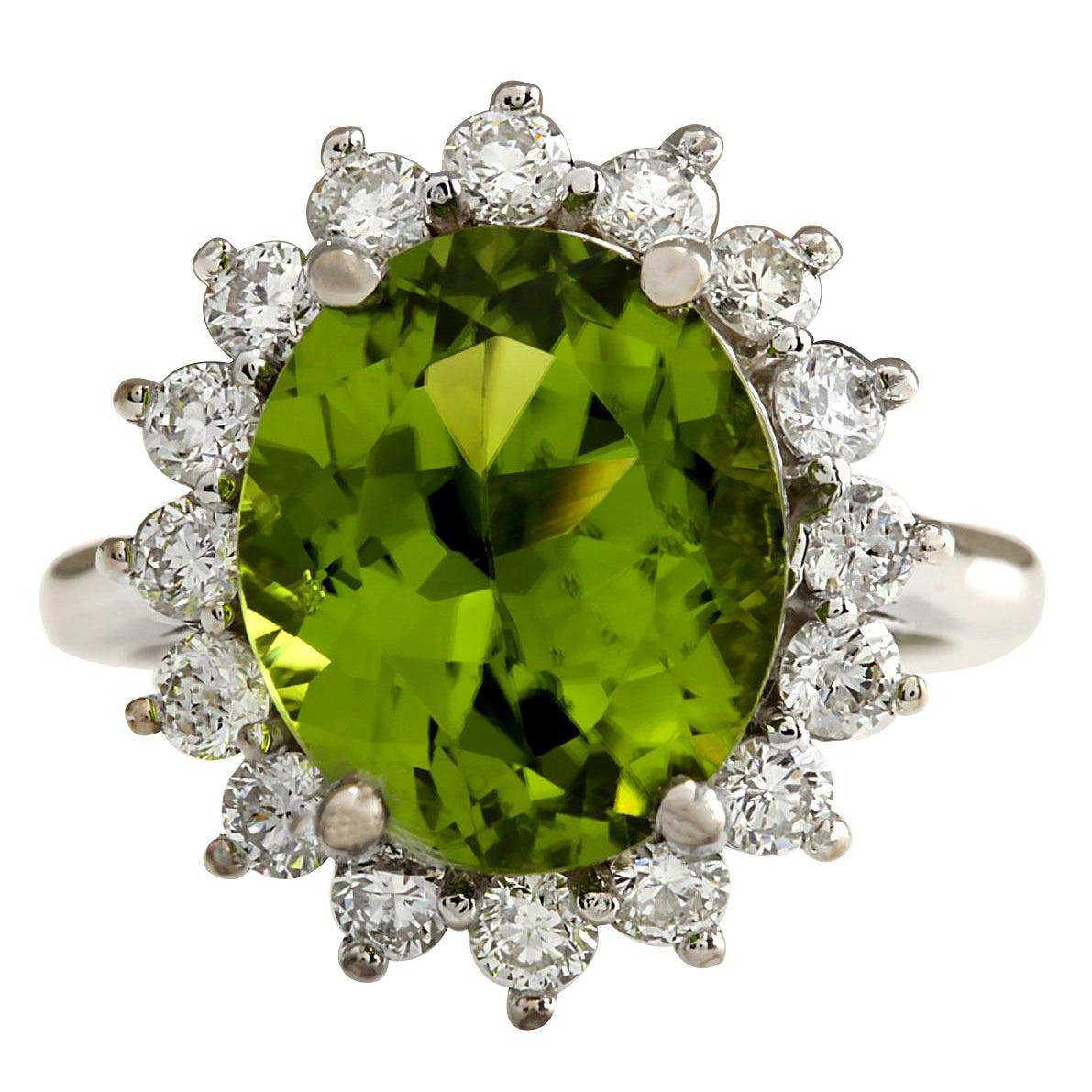 Natural Peridot Diamond Ring 14 Karat White Gold  For Sale