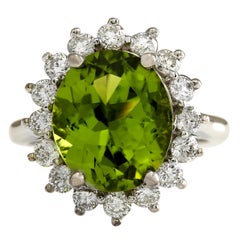 Natural Peridot Diamond Ring 14 Karat White Gold 