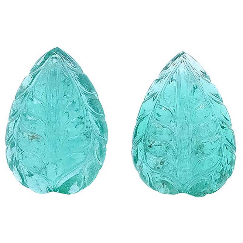 7.59 Carat Pear Shaped Carved Colombian Emerald Cabochon, Pair