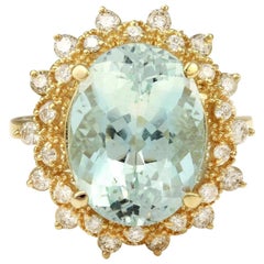 7.59 Carat Exquisite Natural Aquamarine and Diamond 14K Solid Yellow Gold Ring