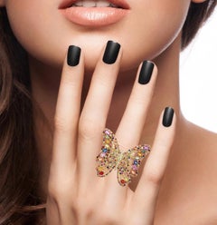 Anello a farfalla con diamante e zaffiro Rainbow Diamonds da 7,59 carati, oro giallo 14 carati