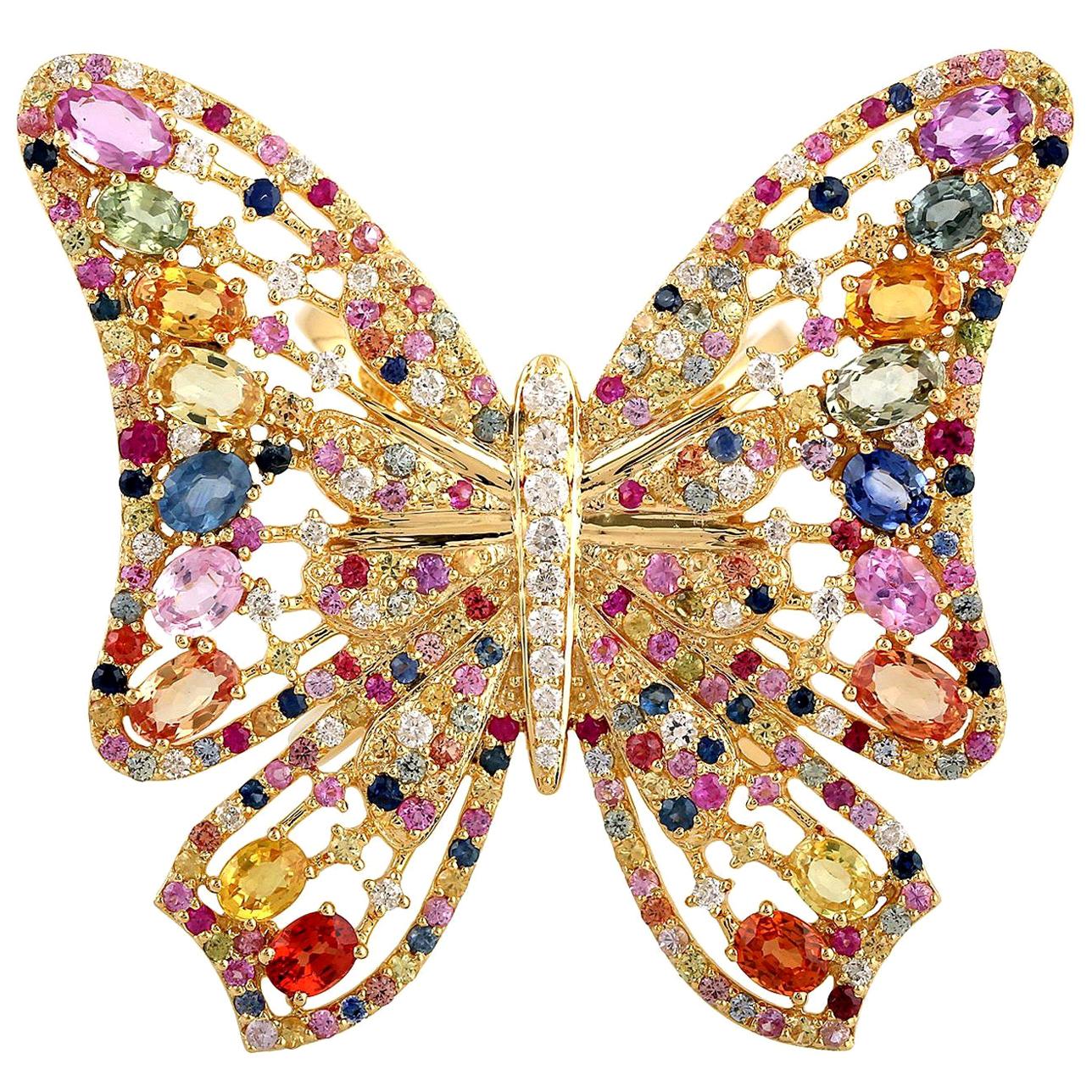 7.59 Carat Rainbow Sapphire Diamond Butterfly Ring 18 Karat Yellow Gold For Sale