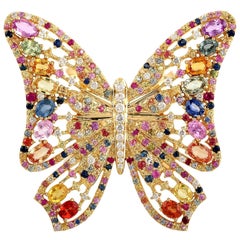 Bague papillon en or jaune 18 carats avec saphir arc-en-ciel de 7,59 carats et diamants