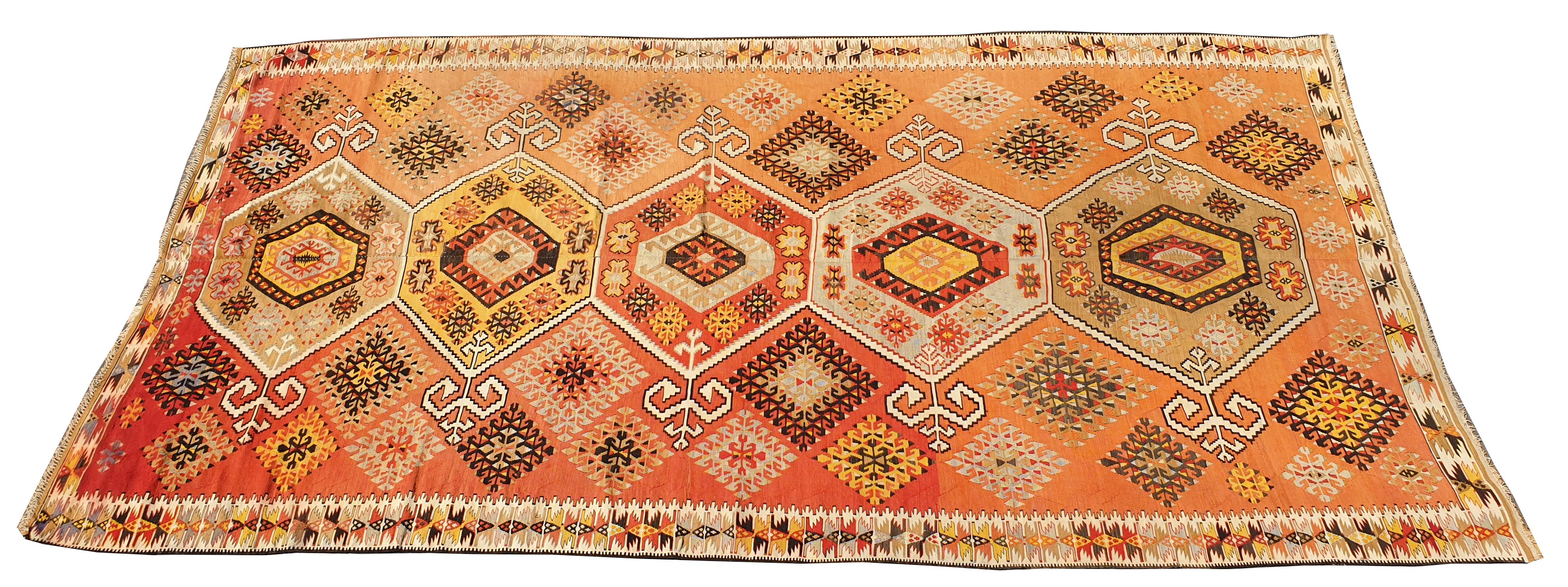 759 - schöne Mitte des Jahrhunderts türkischen flachen Teppich oder Kilim, mit geometrischen Design und hübschen Farben mit rot, rosa, orange, gelb, blau und grau, komplett handgewebt mit Wolle auf Wolle.