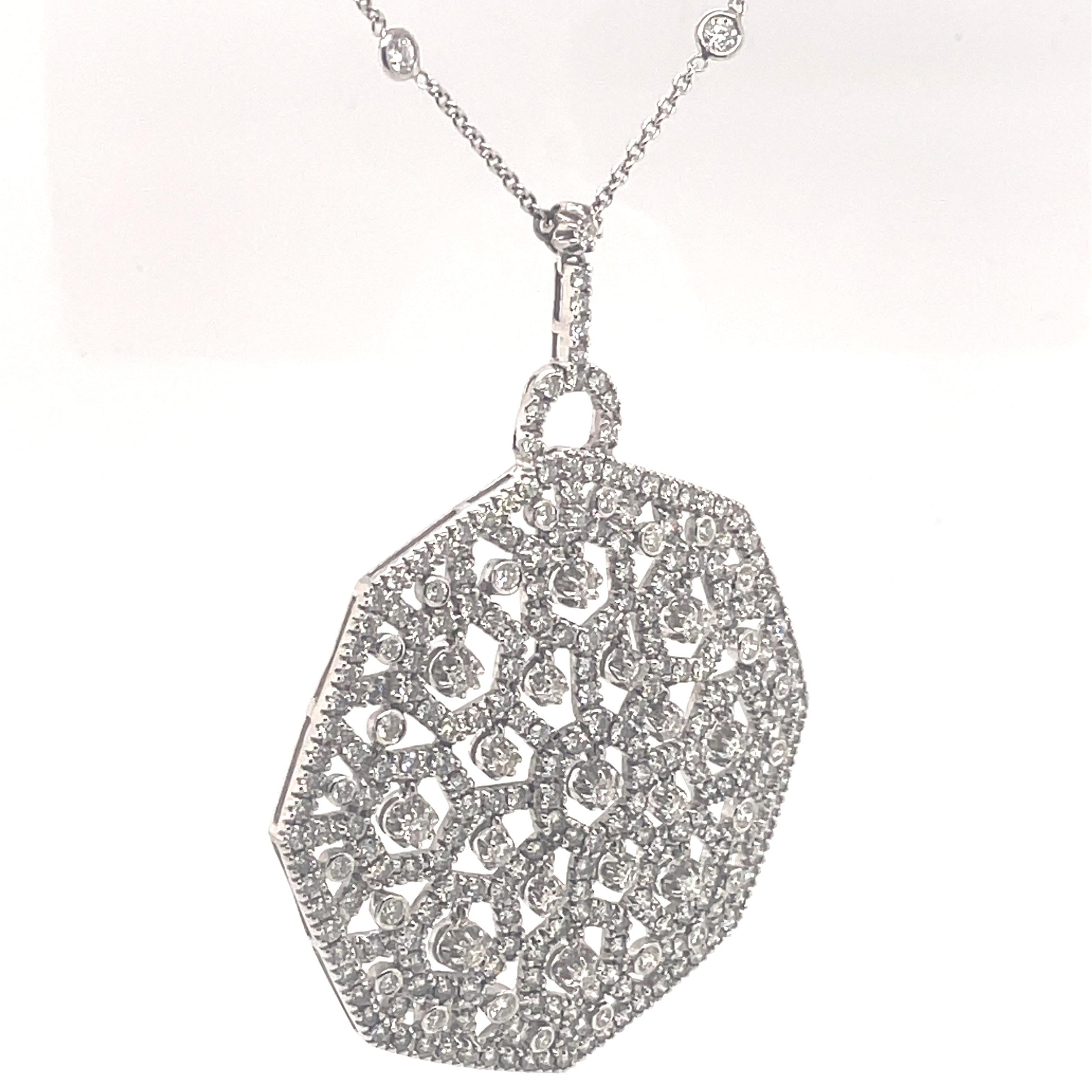 Contemporary 7.59ct Diamond Octagon Pendant Necklace 18 Karat White Gold For Sale