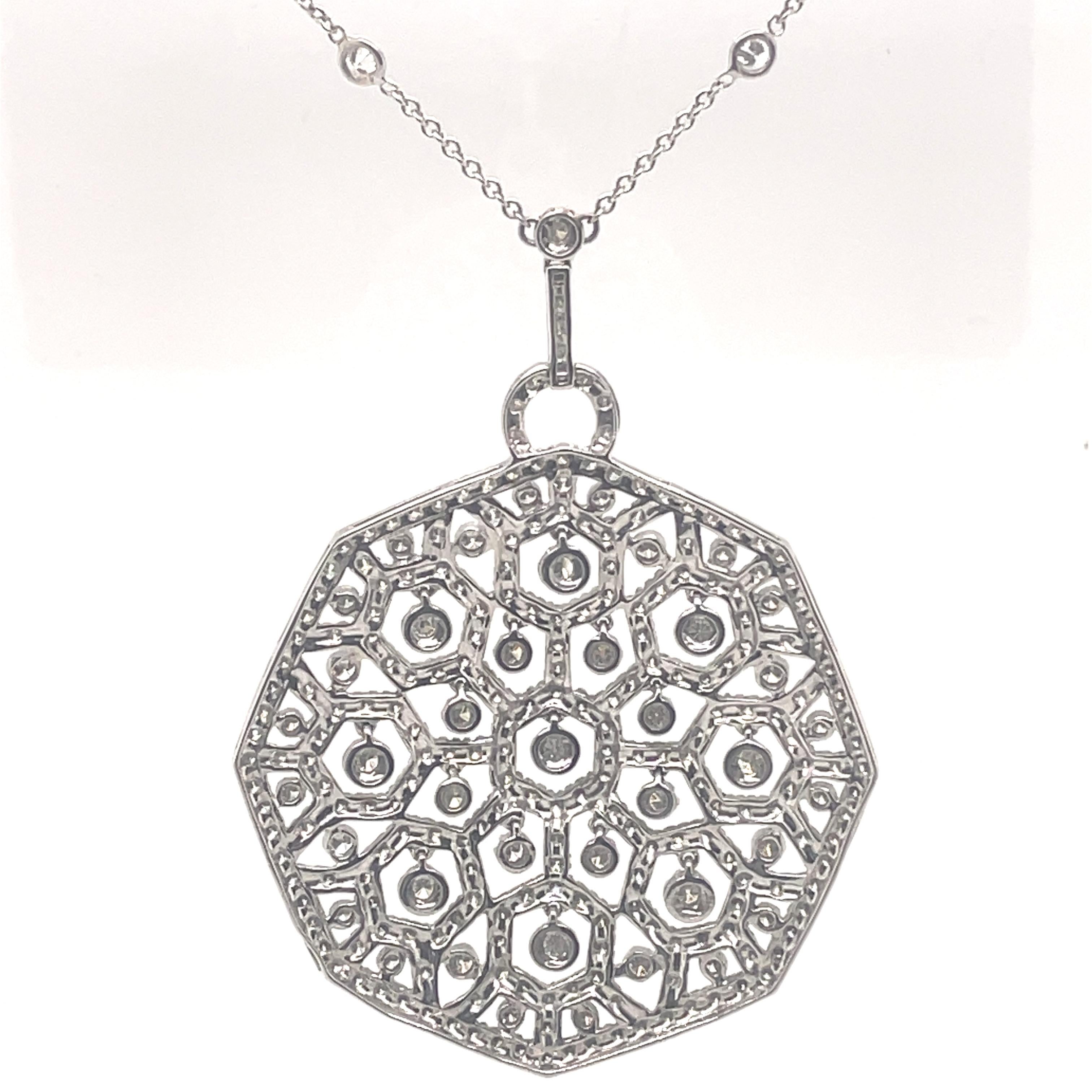 7.59ct Diamond Octagon Pendant Necklace 18 Karat White Gold In New Condition For Sale In BEVERLY HILLS, CA