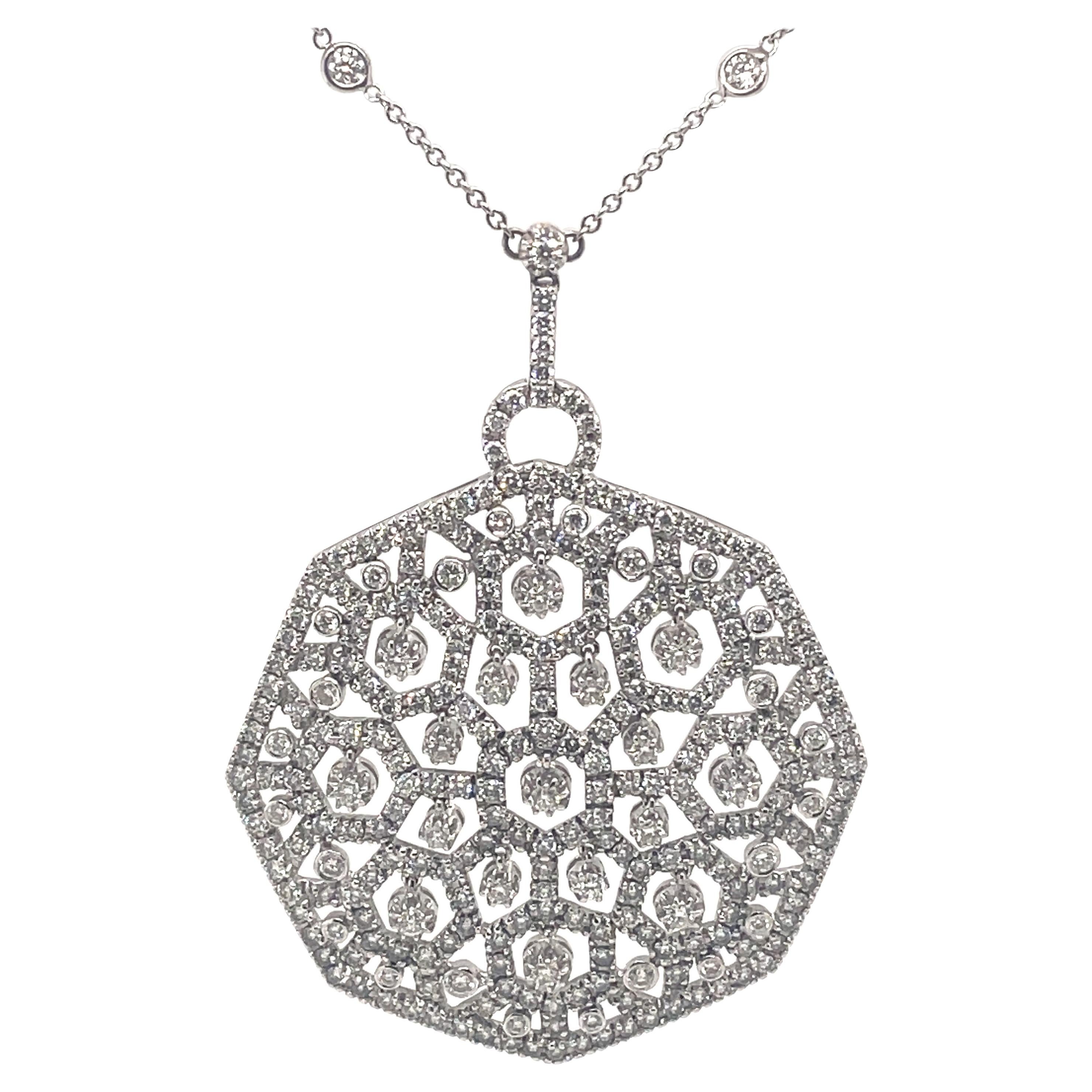 7.59ct Diamond Octagon Pendant Necklace 18 Karat White Gold For Sale