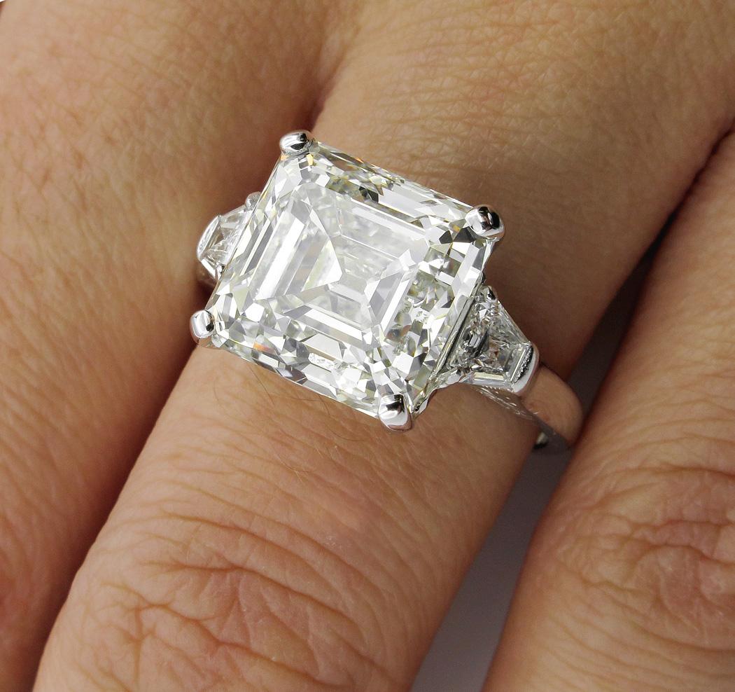 GIA 7.59ct Art Deco Asscher Emerald Cut Diamond Wedding Platinum 3 Stone Ring  5