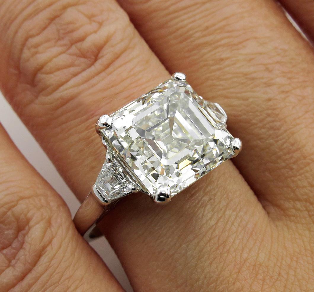 GIA 7.59ct Art Deco Asscher Emerald Cut Diamond Wedding Platinum 3 Stone Ring  6