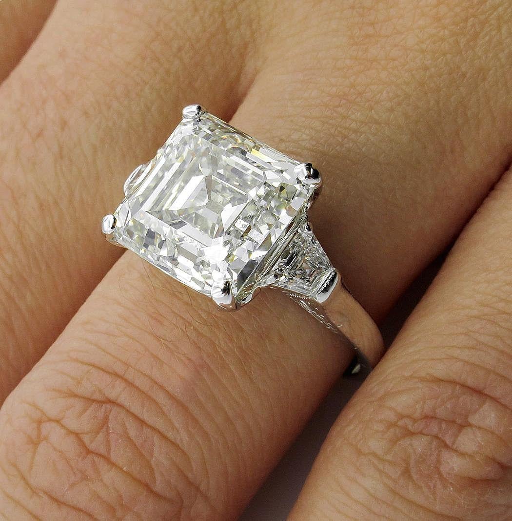 GIA 7.59ct Art Deco Asscher Emerald Cut Diamond Wedding Platinum 3 Stone Ring  7