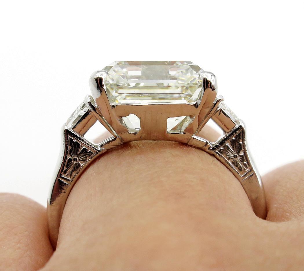 GIA 7.59ct Art Deco Asscher Emerald Cut Diamond Wedding Platinum 3 Stone Ring  8