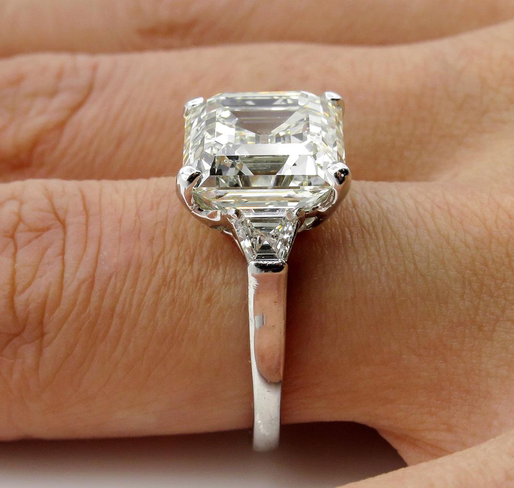 GIA 7.59ct Art Deco Asscher Emerald Cut Diamond Wedding Platinum 3 Stone Ring  9
