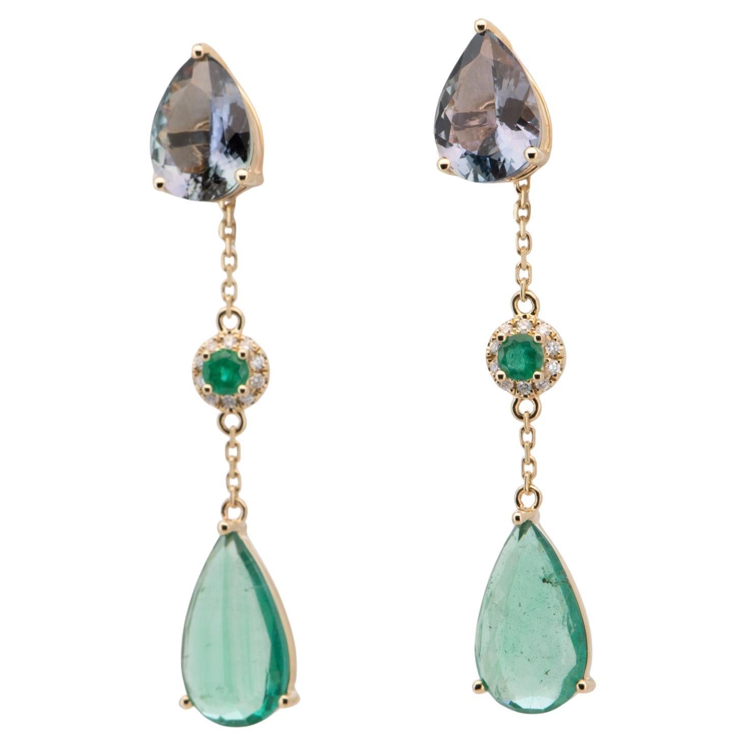 Orecchini a goccia con smeraldo e tanzanite naturale da 7,59ctw in oro 14K R3237 in vendita