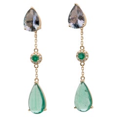 7.59ctw Emerald and Natural Tanzanite Drop Earrings 14K Gold R3237