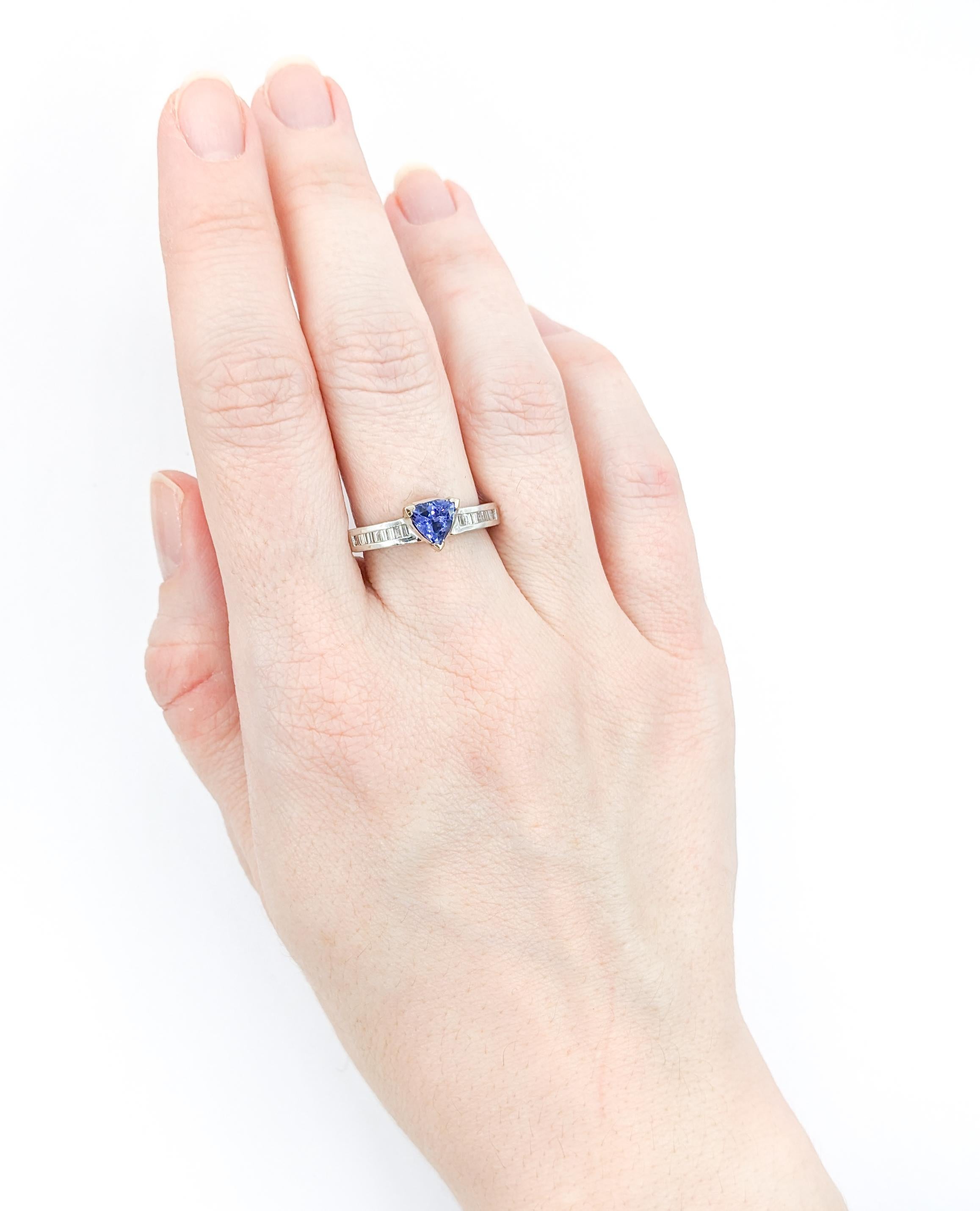 Baguette Cut .75ct Blue Tanzanite & Diamonds Ring In White Gold For Sale