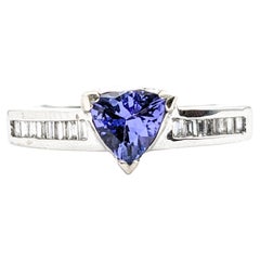 Vintage .75ct Blue Tanzanite & Diamonds Ring In White Gold
