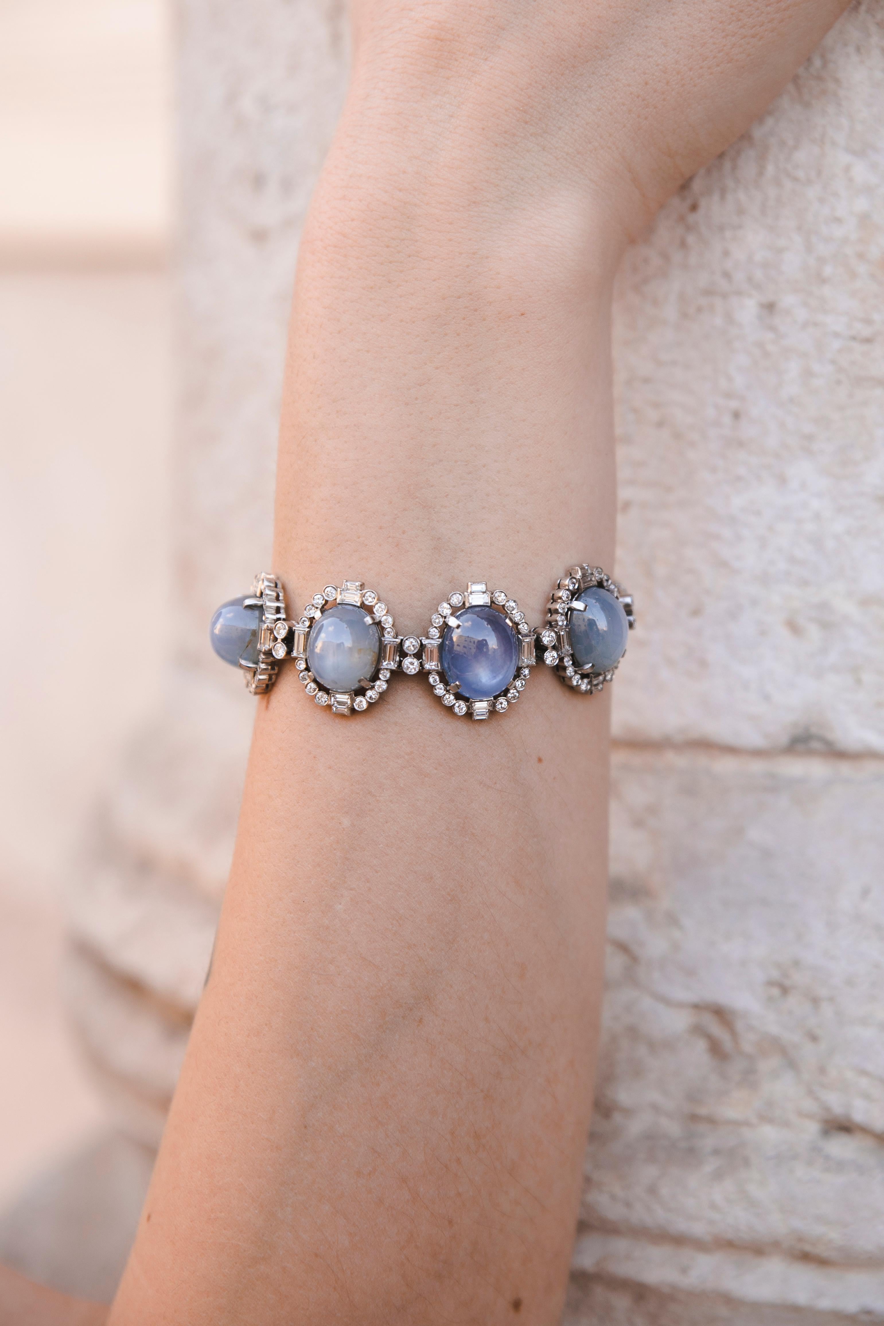 75 Carat Cabochon Star Sapphires Diamonds Platinum Ring Bracelet Set, 1920 9