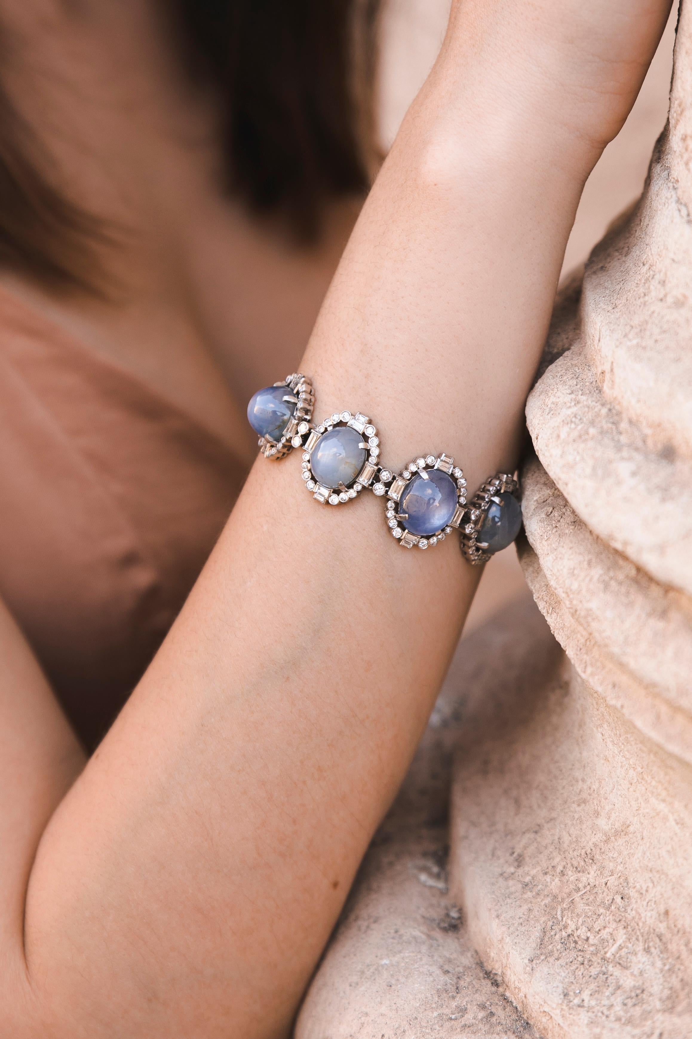 75 Carat Cabochon Star Sapphires Diamonds Platinum Ring Bracelet Set, 1920 4