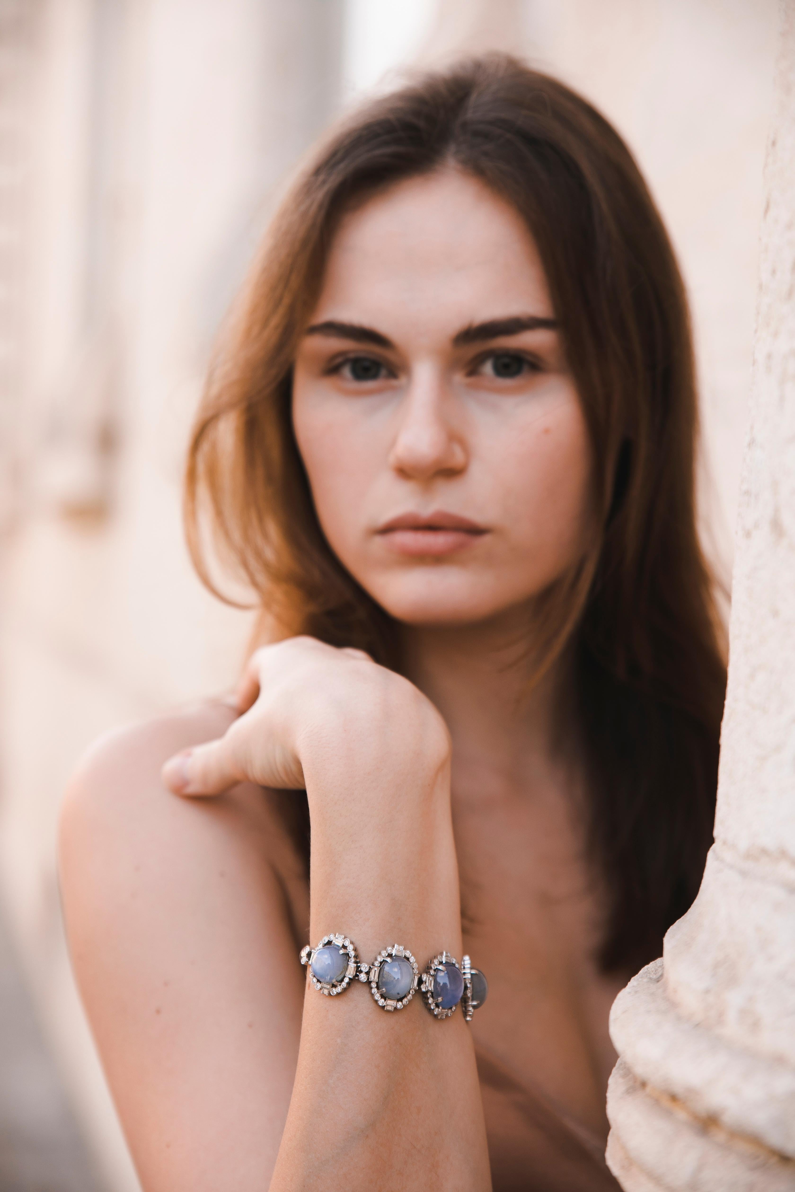 75 Carat Cabochon Star Sapphires Diamonds Platinum Ring Bracelet Set, 1920 10
