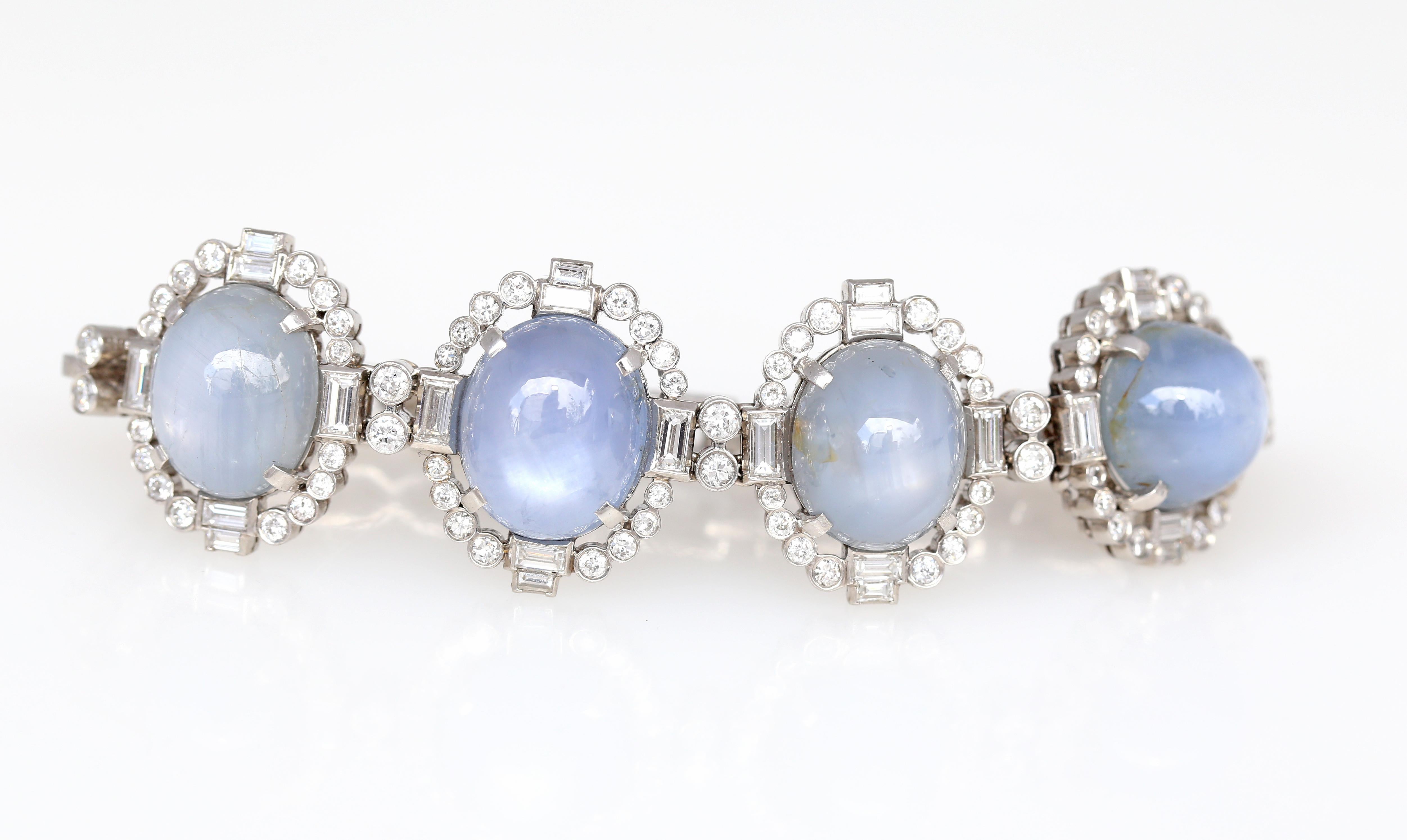 75 Carat Cabochon Star Sapphires Diamonds Platinum Ring Bracelet Set, 1920 2