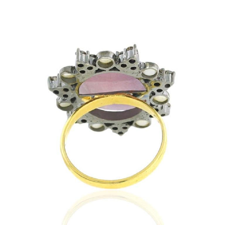 Art Nouveau 7.5ct Pink Sapphire Cocktail Ring With Pearl & Diamonds Made In 18k Gold For Sale