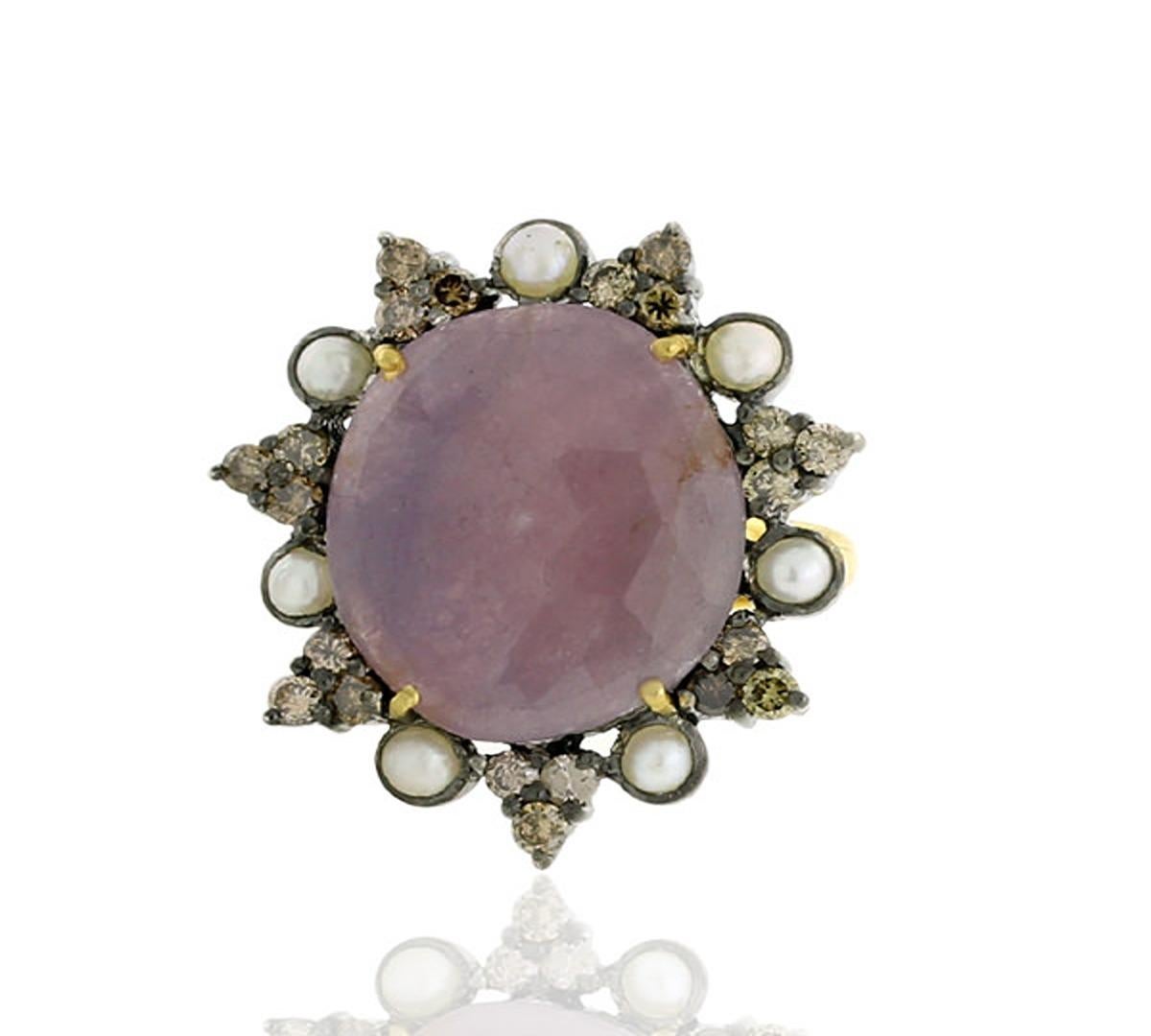 Mixed Cut 7.5ct Pink Sapphire Cocktail Ring With Pearl & Diamonds Made In 18k Gold For Sale