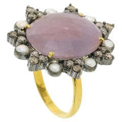 7.5ct Pink Sapphire Cocktail Ring With Pearl & Diamonds Made In 18k Gold