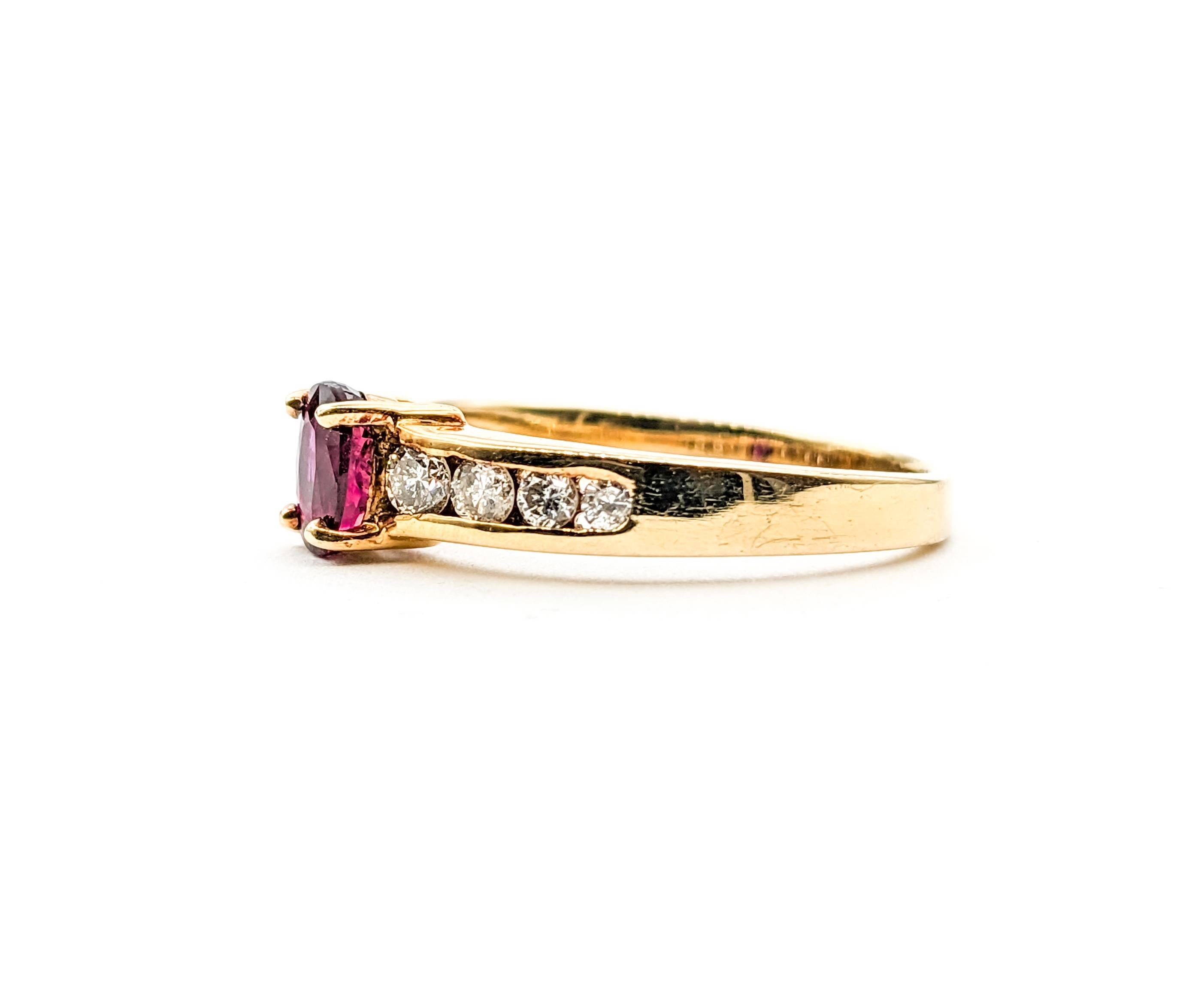 .75ct Ruby & Diamond Ring In Yellow

Explore the elegance of our Gemstone Fashion Ring, exquisitely crafted in 14kt yellow gold. This ring is adorned with a stunning .75ct ruby centerpiece, creating a striking contrast with the .38ctw of round