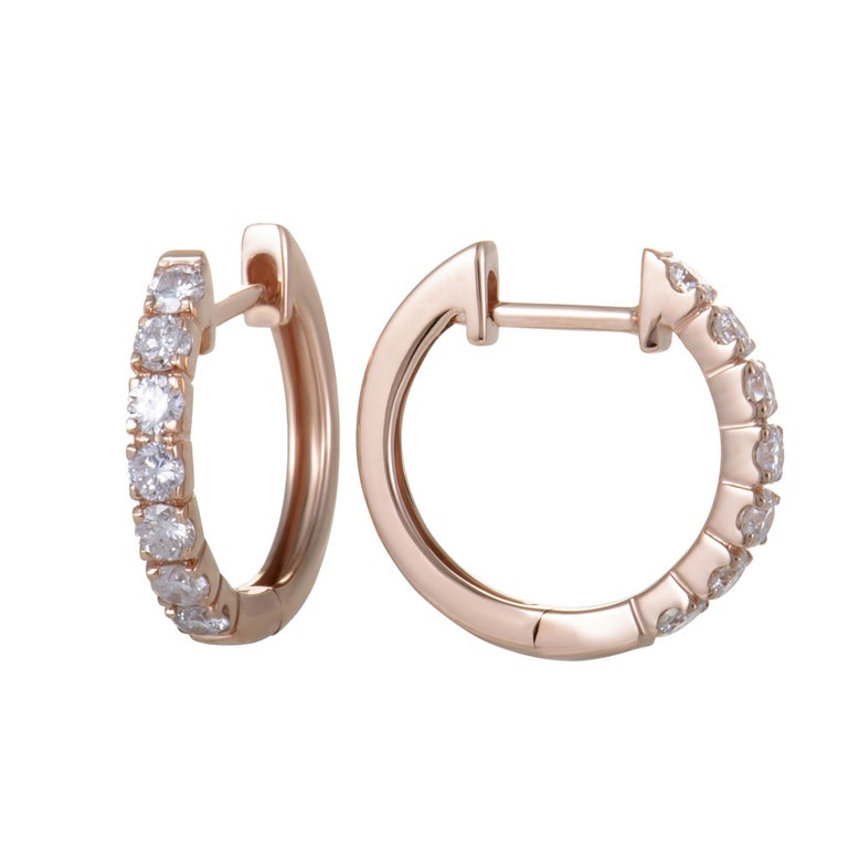 .75 Carat Small 14 Karat Rose Gold Diamond Hoop Earrings at 1stDibs