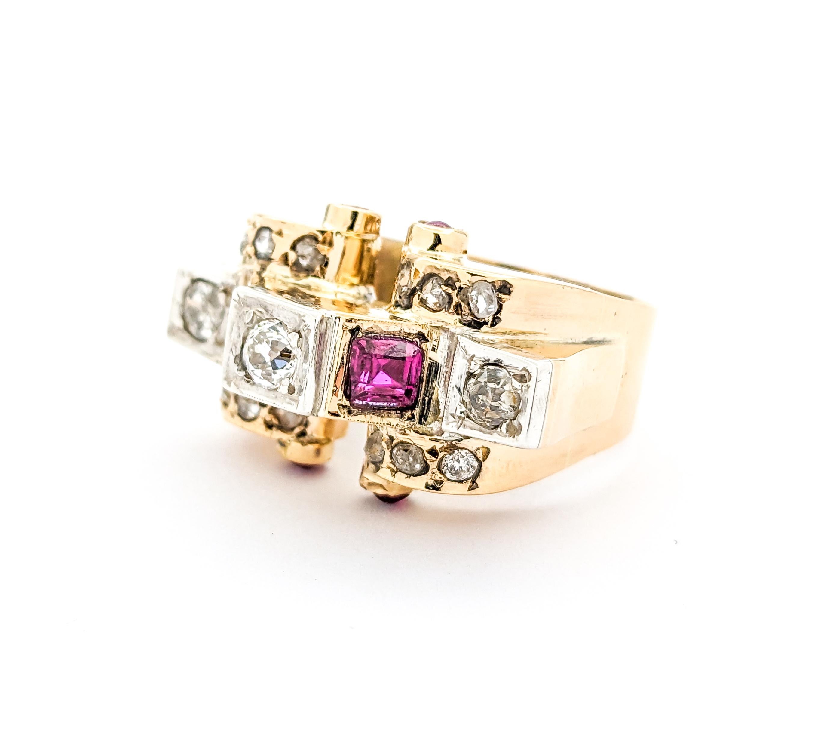 .75ctw Old Mine Cut Diamonds & Ruby Ring In Yellow For Sale 6