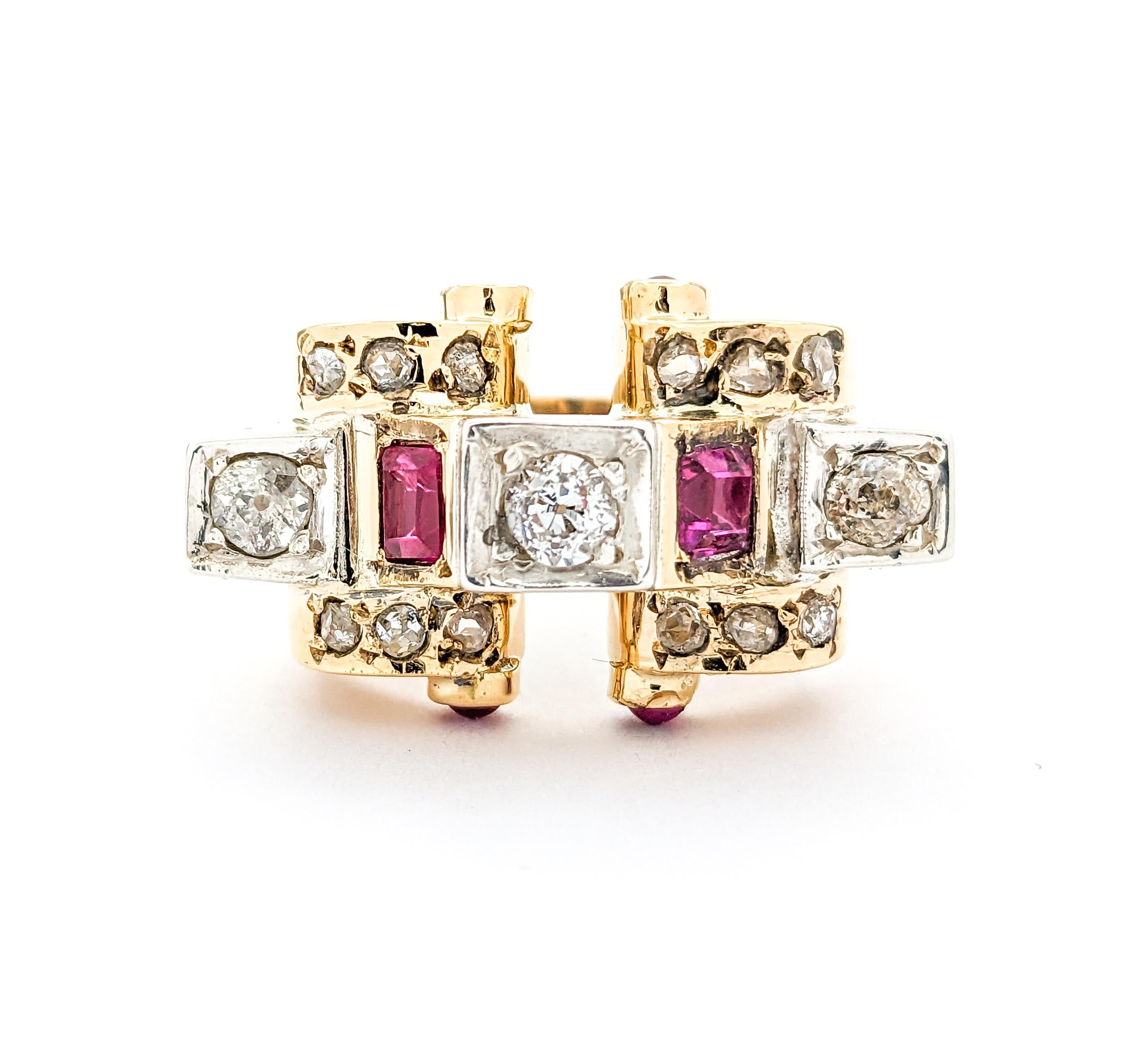 .75ctw Old Mine Cut Diamonds & Ruby Ring In Yellow For Sale 7