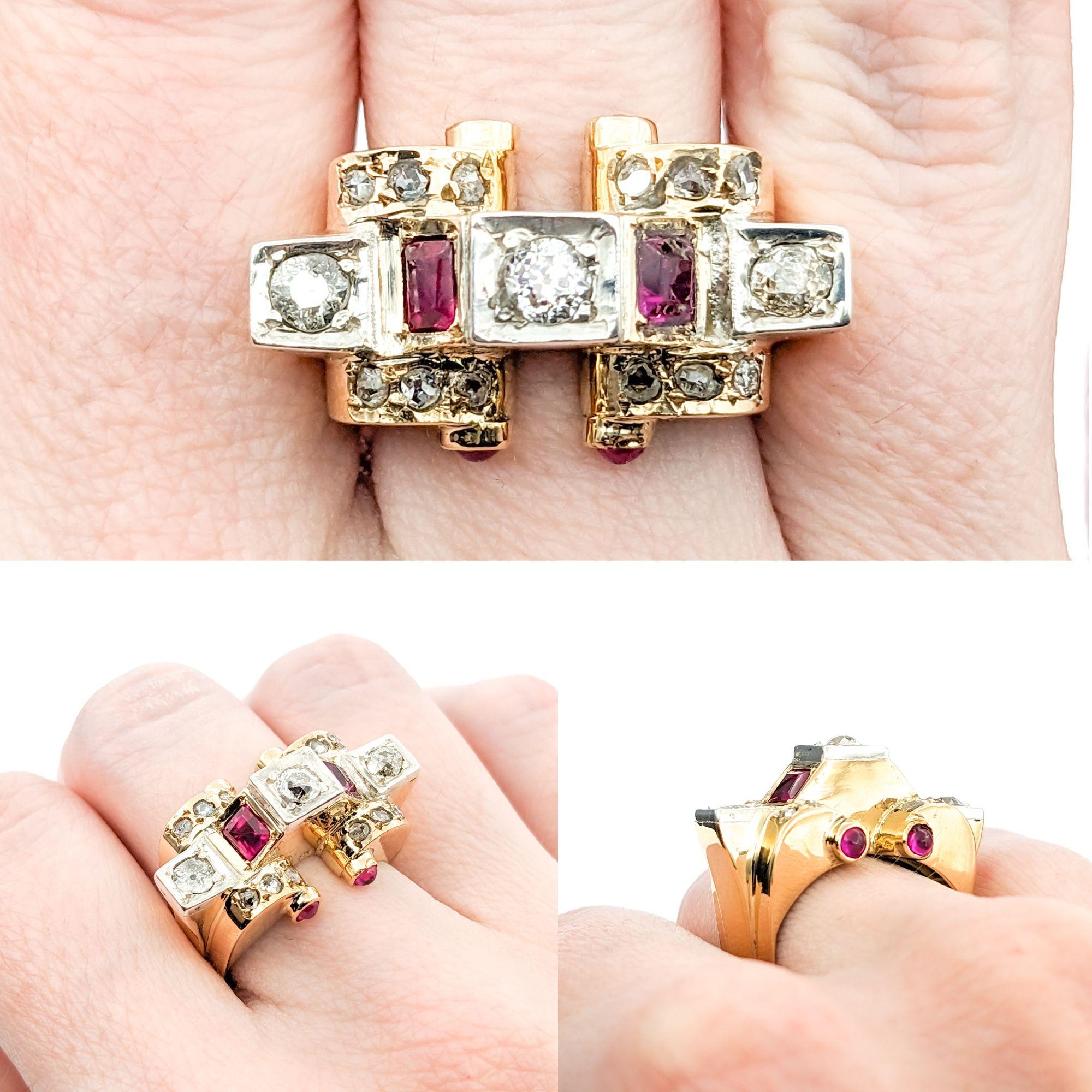 .75ctw Old Mine Cut Diamonds & Ruby Ring In Yellow

This magnificent Antique Ring Victorian is meticulously crafted in 14kt yellow gold, showcasing a .75ctw Old Mine Cut Diamonds centerpiece, accented by Synthetic Rubies. The diamonds boast an I