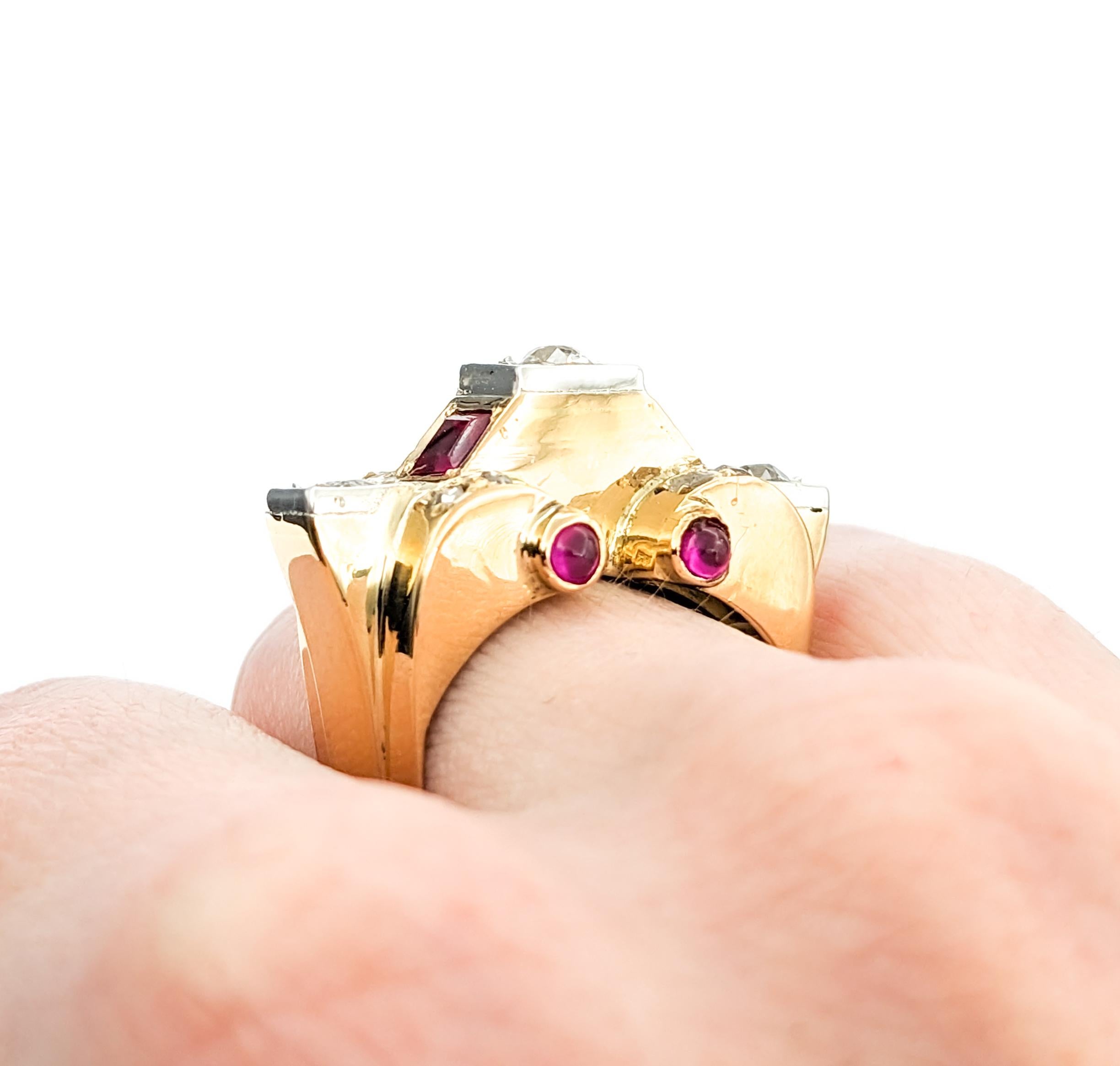 Contemporary .75ctw Old Mine Cut Diamonds & Ruby Ring In Yellow For Sale