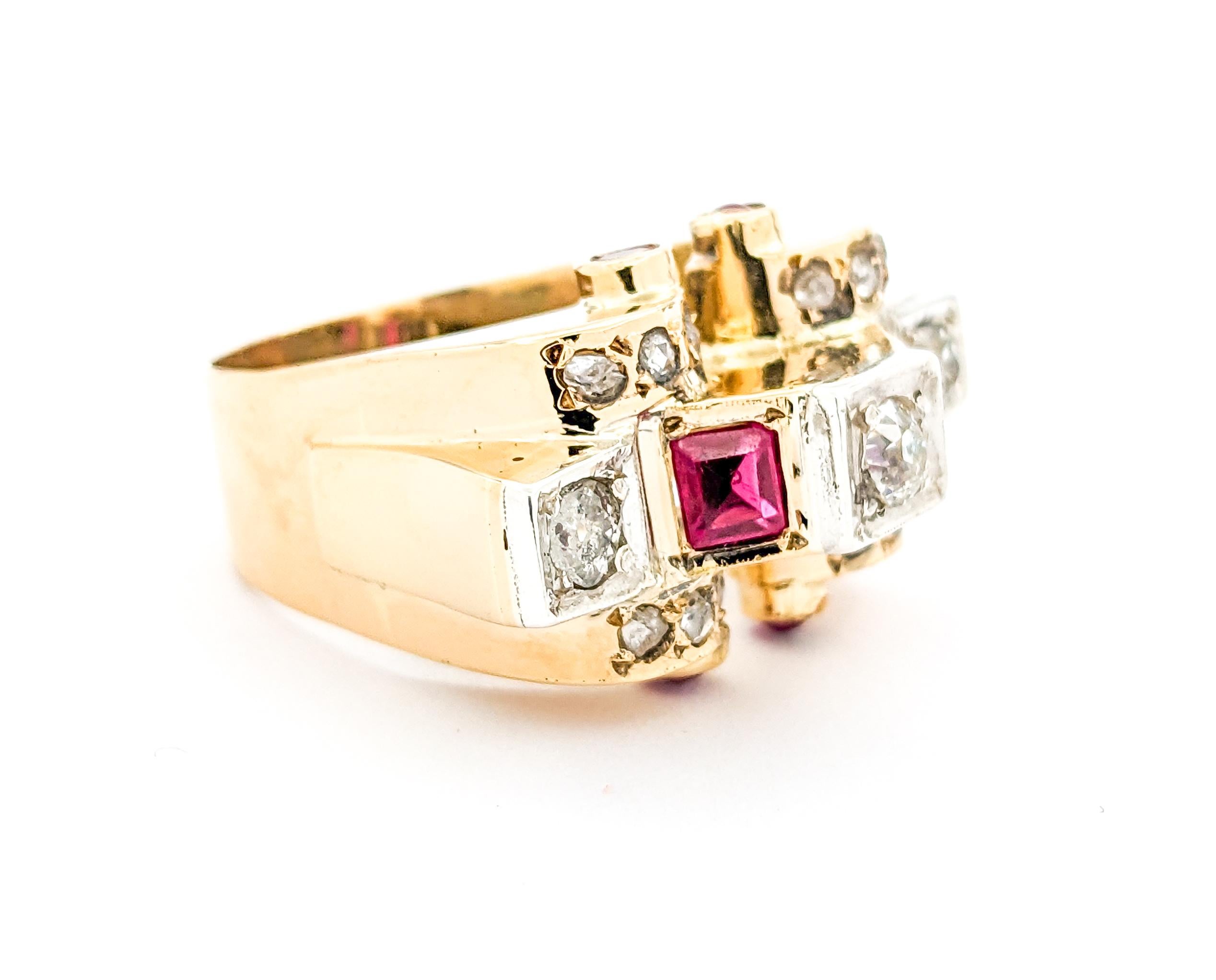 .75ctw Old Mine Cut Diamonds & Ruby Ring In Yellow For Sale 1