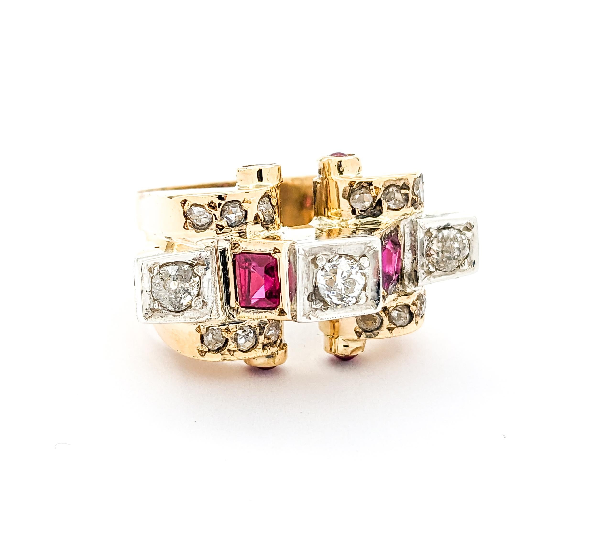 .75ctw Old Mine Cut Diamonds & Ruby Ring In Yellow For Sale 2