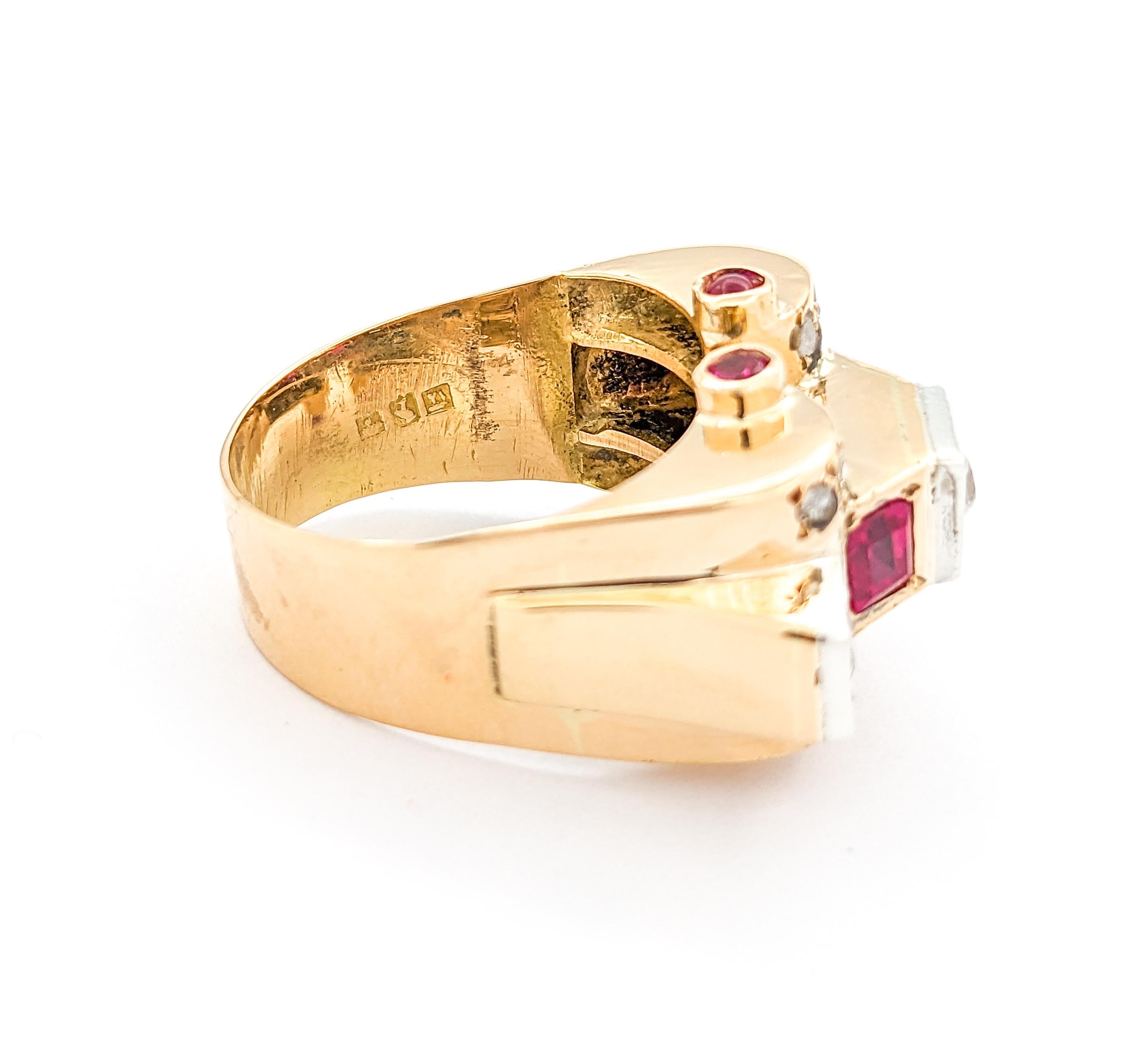 .75ctw Old Mine Cut Diamonds & Ruby Ring In Yellow For Sale 3