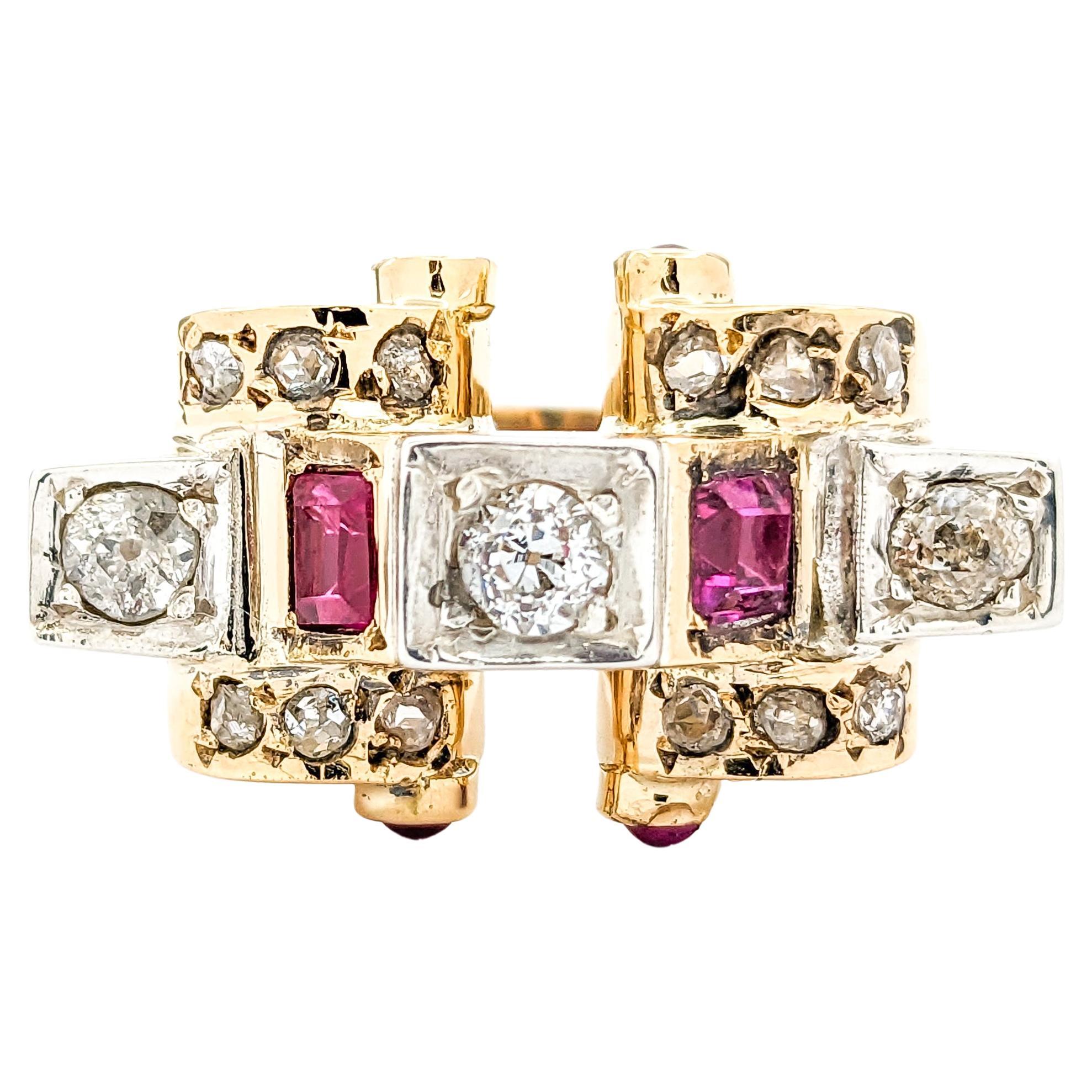 .75ctw Old Mine Cut Diamonds & Ruby Ring In Yellow For Sale