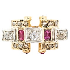 .75ctw Old Mine Cut Diamonds & Ruby Ring In Yellow