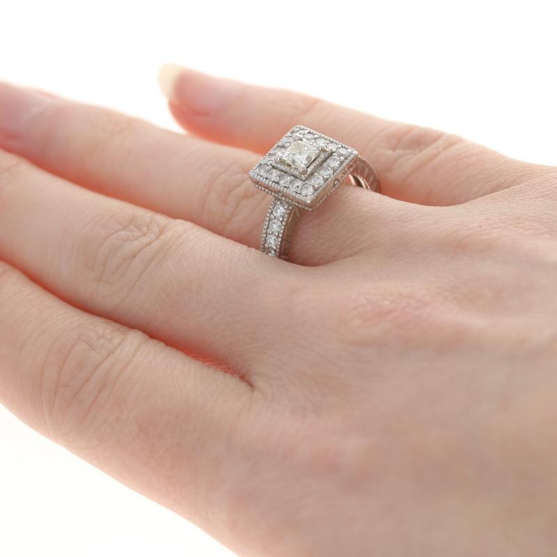Women's .75ctw Princess Cut Diamond Engagement Ring, 14k White Gold Milgrain Halo For Sale